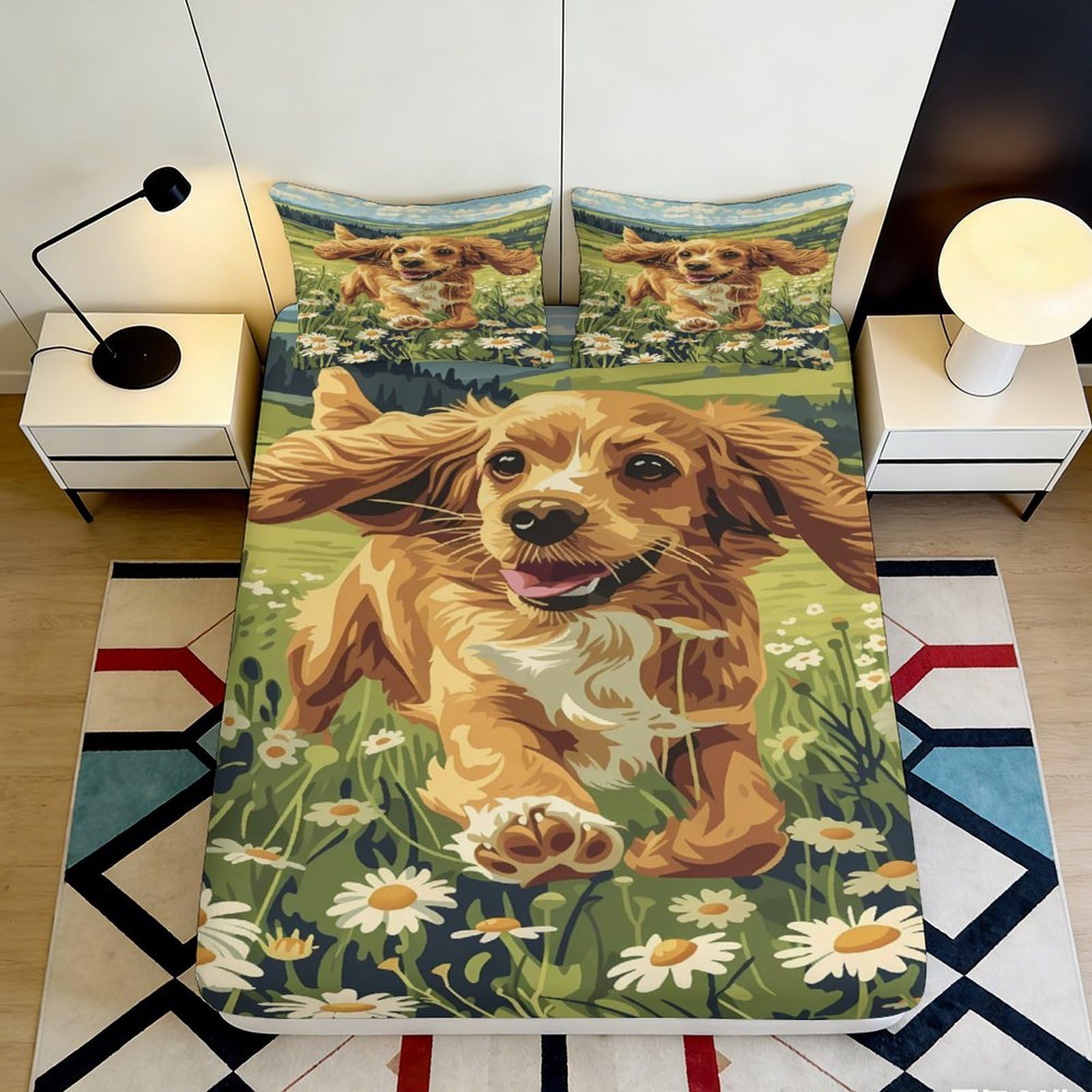 Pnayamiorkfel Style-6 3D Printed Running Dog Fitted Sheet Microfiber Soft Breathable Daisy Meadow Bed Cover For Bedroom Guest Room Decor 90X200x25cm