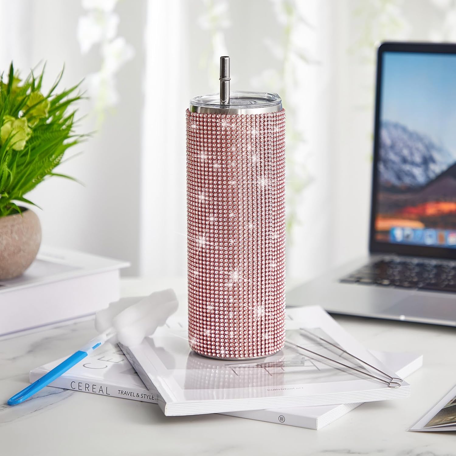 Tessco Bling Tumbler Cups Rhinestones with Straw Glitter Water Bottle Stainless Steel Straw Tumbler Insulated Bling Cup with Lid Brush for Teacher Graduation Season Gifts(20 oz,Rose Gold) - Image 4