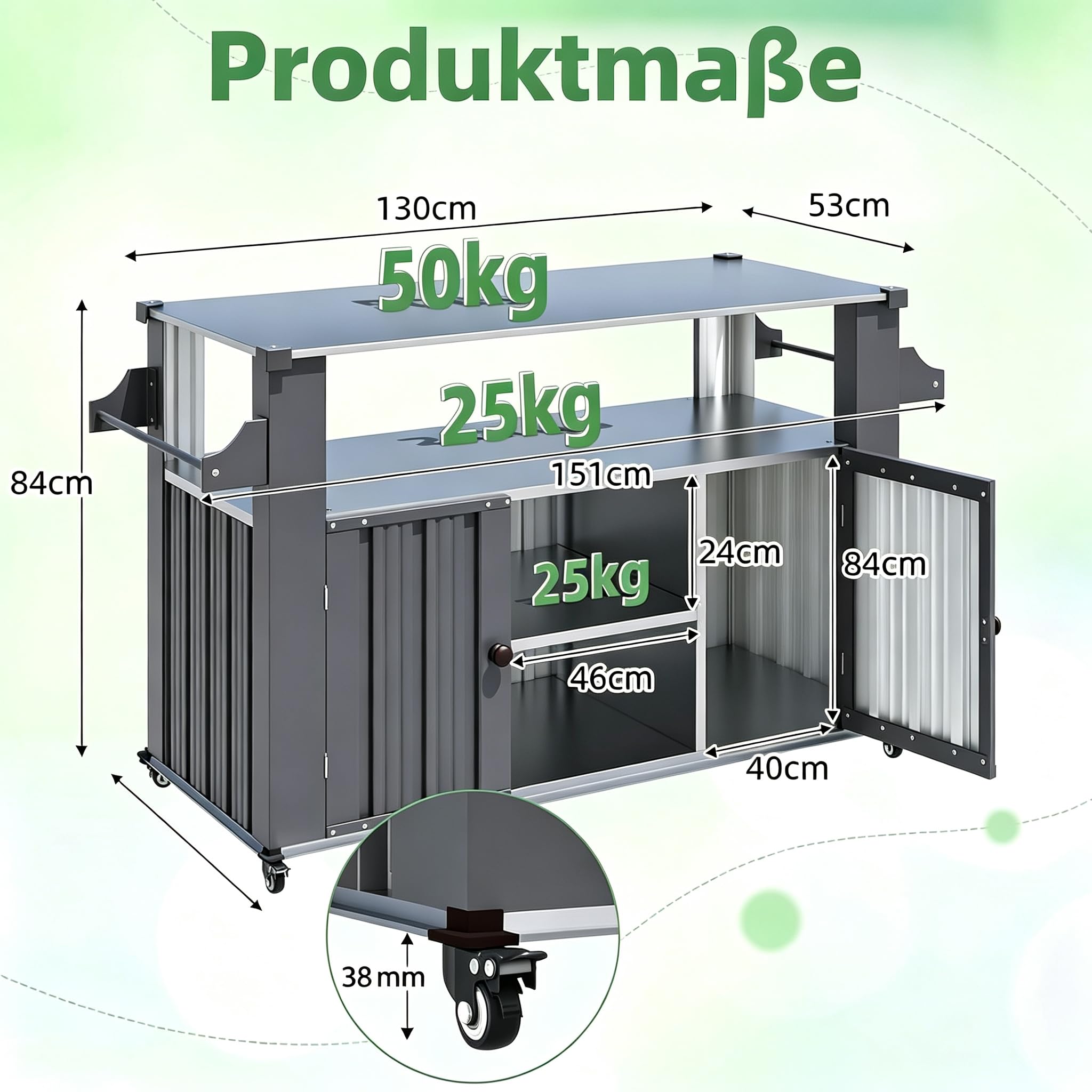 YODOLLA Outdoor Kücheninsel mit Rollen, Grillwagen mit Schrank, Grau