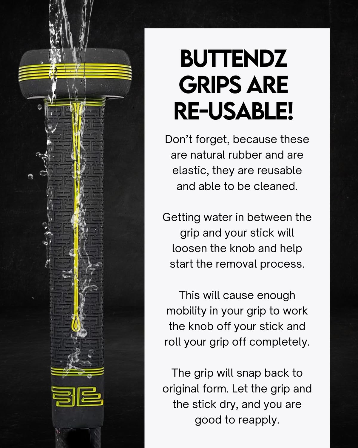 Buttendz Sentry Empuñadura de Repuesto Palo Hockey Portero Control Precisión Perilla Sobredimensionada Textura Mejorada Negra Amarilla