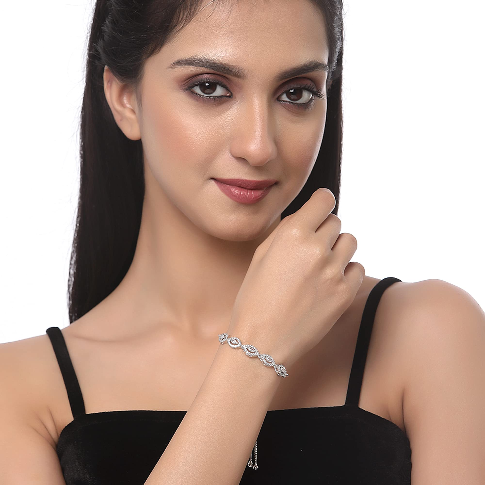 ZENEME Bracelet Rhodium-Plated Silver Toned Stylish Flower Shaped Crystal American Diamond Charm Bracelet For Women and Girls 3