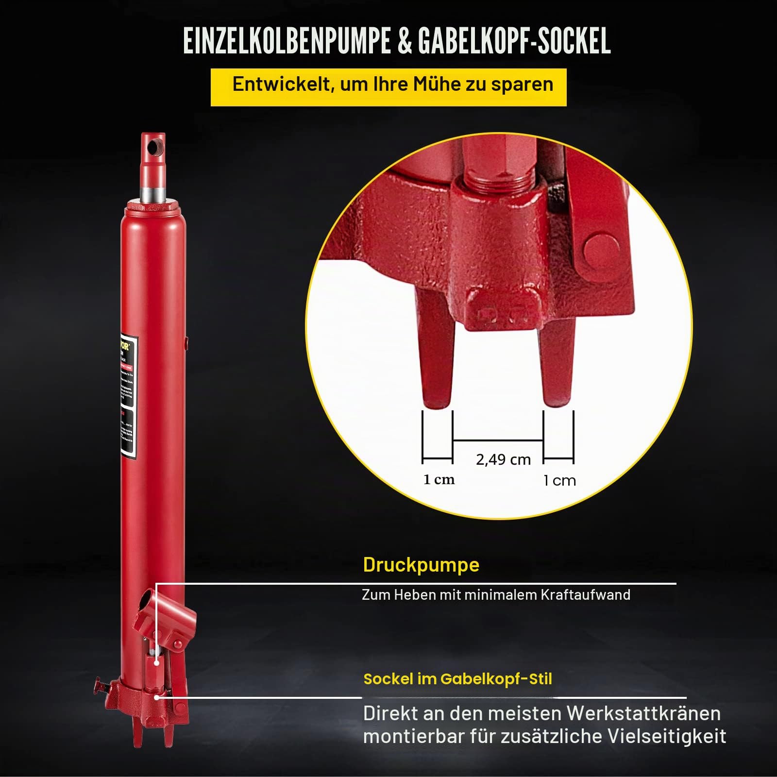 VEVOR Hydraulischer Langer Rammenheber, 8 Tonnen/17363 lbs Kapazität, mit Einzelkolbenpumpe und Gabelkopfsockel, manueller Hubarbeitsbühnenheber mit Griff, für Garagen-/Ladenkräne, Motorhubwerk, rot