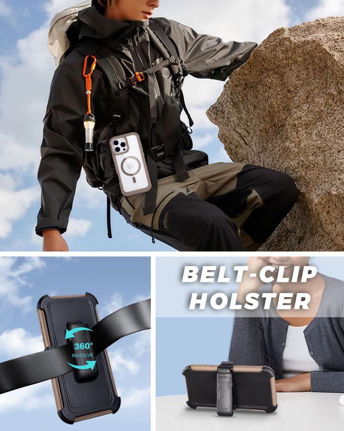 Holster for Clear iPhone 16 Pro Max Belt Clip Case, Compatible with MagSafe, Anti-Yellowing, Rugged Phone Case Heavy Duty Phone Cover for Phone 16 Pro Max Phone Case (Clear & Desert Titanium) - Image 4