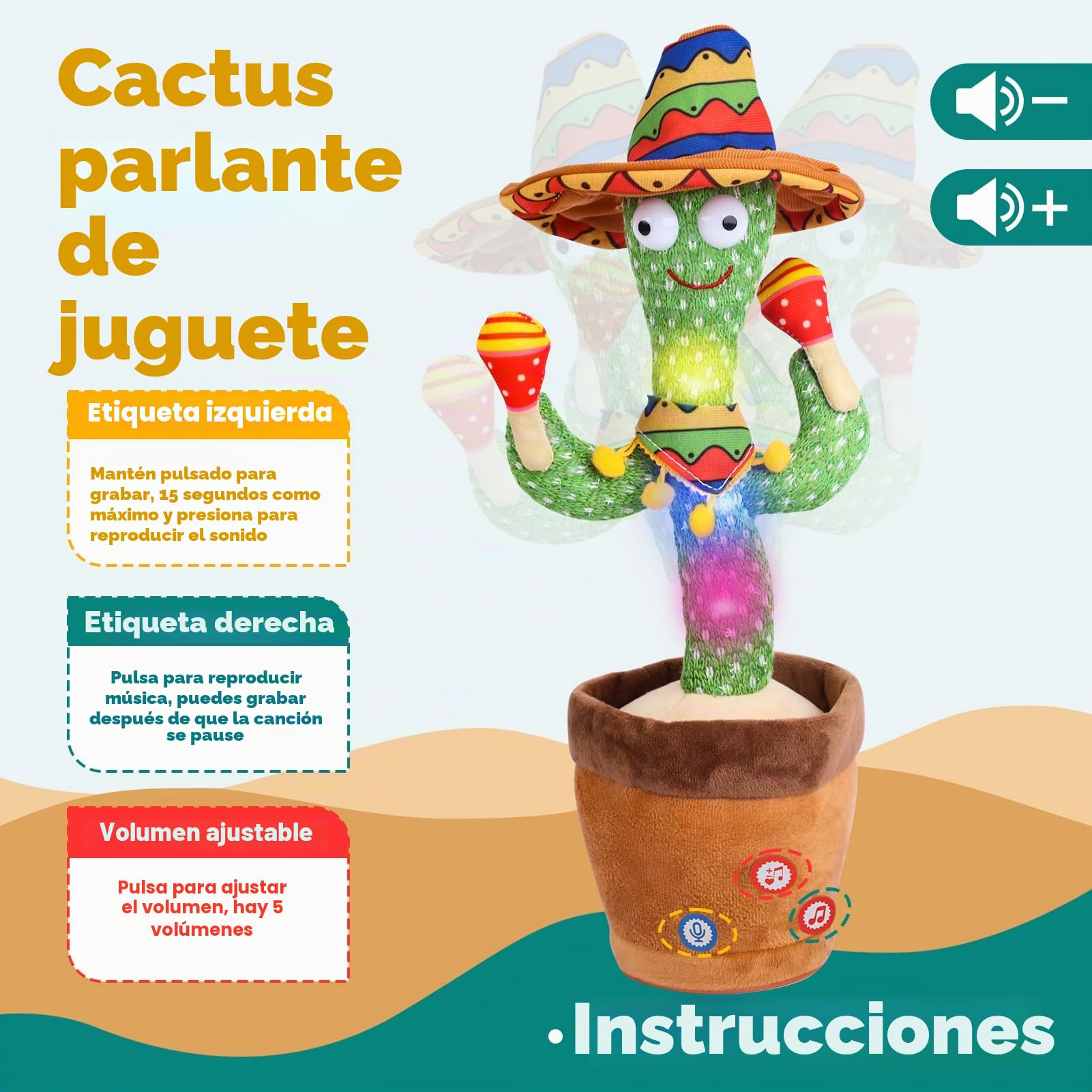 Cactus Bailarin Control Del Volumen Juguete Bebe Parlanchin Que Baila Y Repite Lo Que Dices Funny Dancing Talking Cactus Bailando Peluche Adecuado Para Niño Niña Bebé Juguetes NavideñOs De Cumpleaños