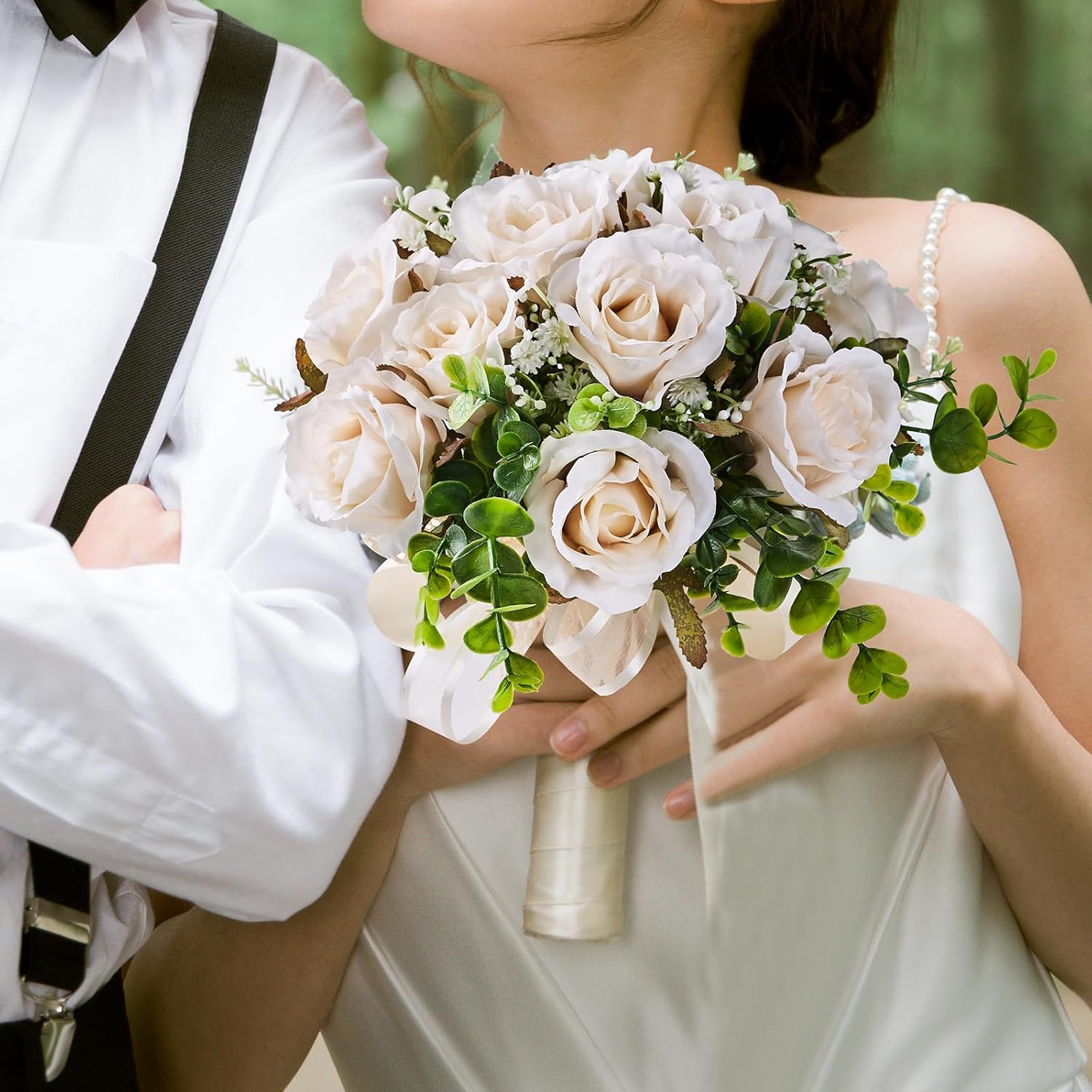 Wedding Bouquets Large for Bride, Wedding Silk Artificial Flowers 14pcs White Champagne Roses 10 in Fake Flowers for Wedding Party, Ceremony, Anniversary & Home Decor(Come with 4 kinds of Ribbons) - Image 4