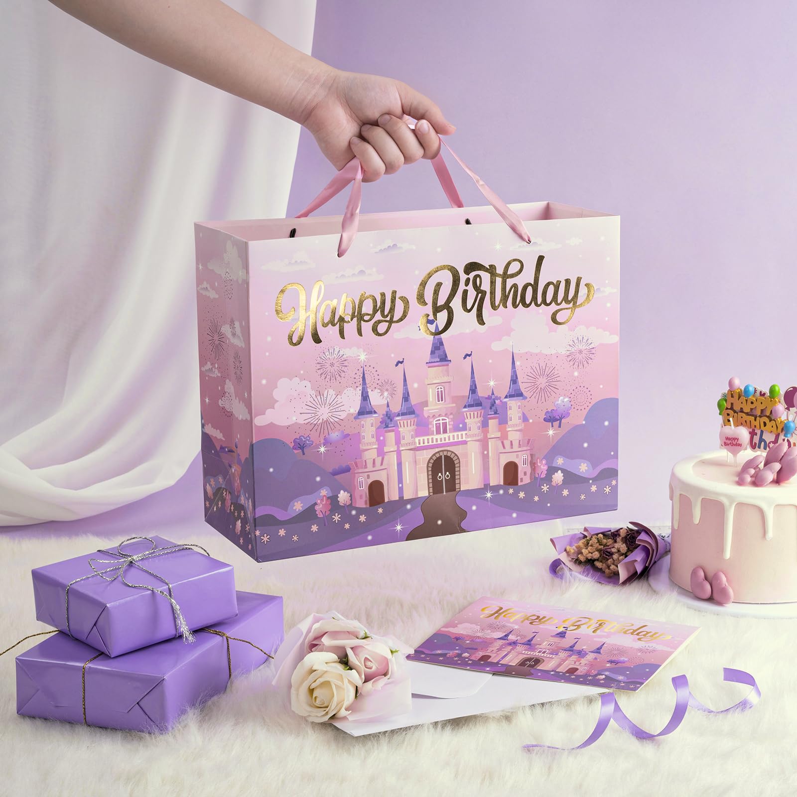 WRAPAHOLIC 13" Princess Birthday Gift Bags with Tissue Paper and Card - Purple Castle Bags for Kids Girls Birthday Party Baby Shower Supplies