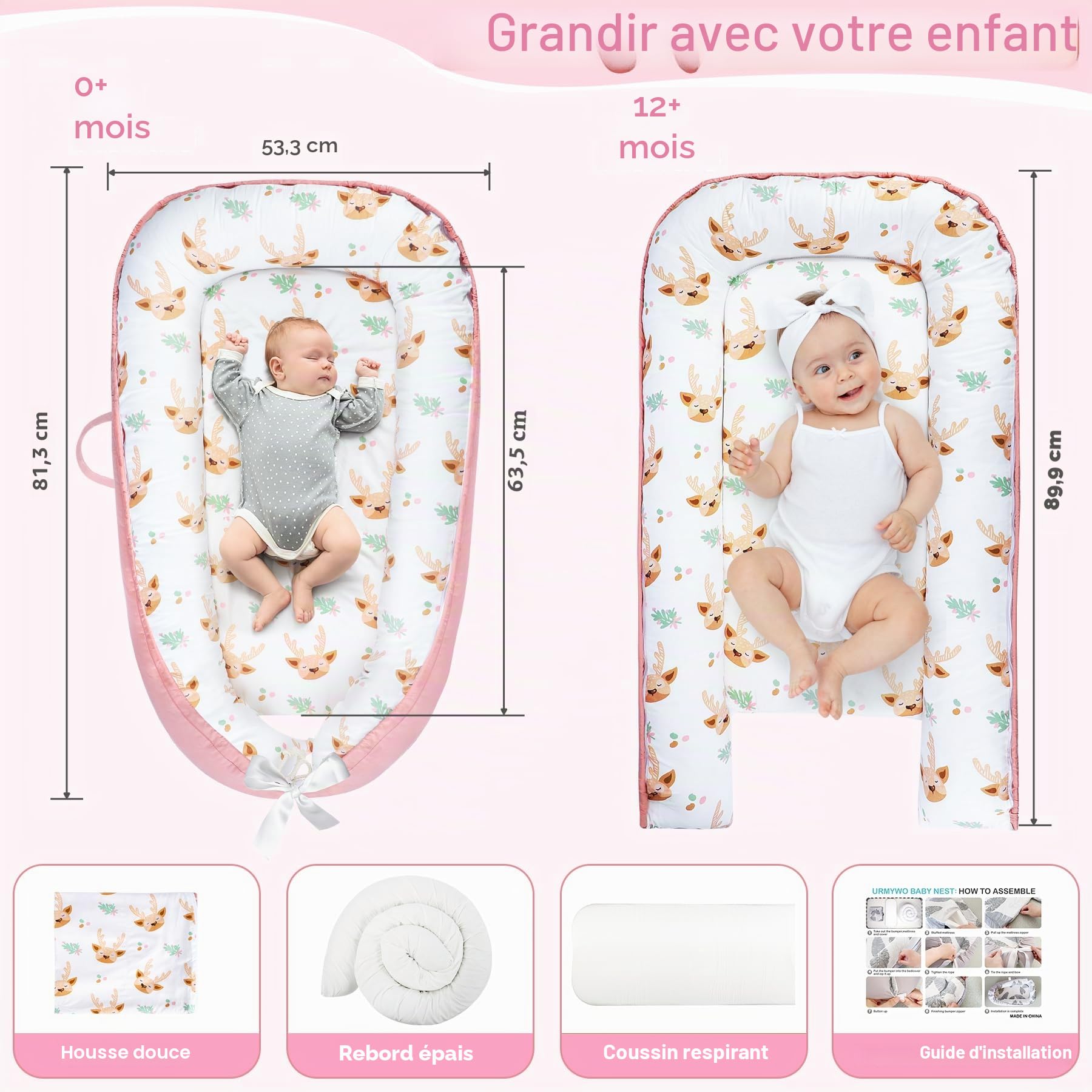 URMYWO Réducteur de Lit Bébé 90x55cm Double Face 100% Pur Coton | Réducteur Lit Bébé avec Housse Amovible Lavable | Sécurisé et Confortable pour Filles & Garçons (Nouveau-Né 0-12 mois) (Tête de cerf)