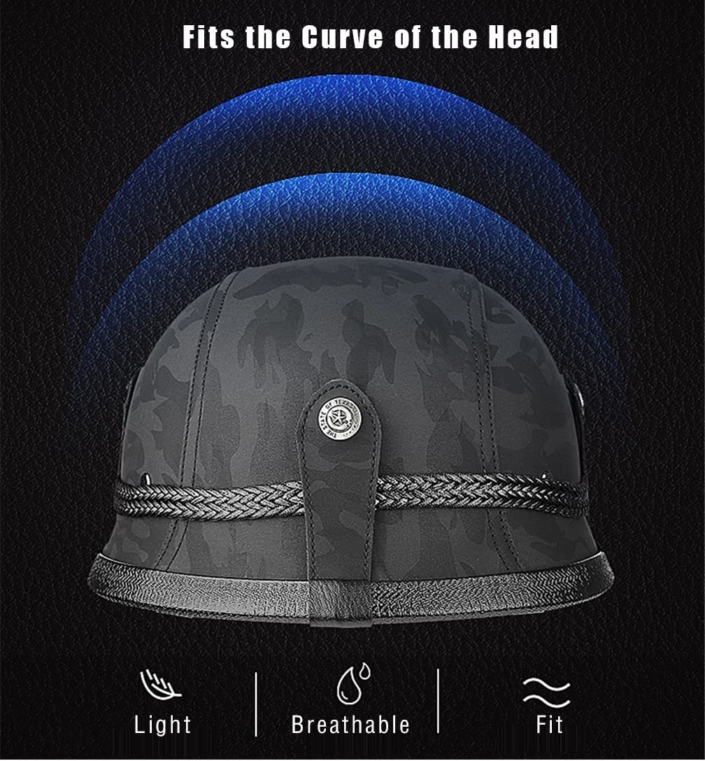 Casco da Moto Mezzo Casco con Cappuccio Testa, Retro PU Mezzo Guscio Casco, DOT/ECE Approvato Casco Stile Tedesco Vintage per Uomini Donne (M ~ XXL)