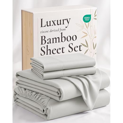 Hotel Sheets Direct 100% Bamboo Sheets - Queen Size Sheet and Pillowcase Set - Cooling, 4-Piece Bedding Sets - Light Grey