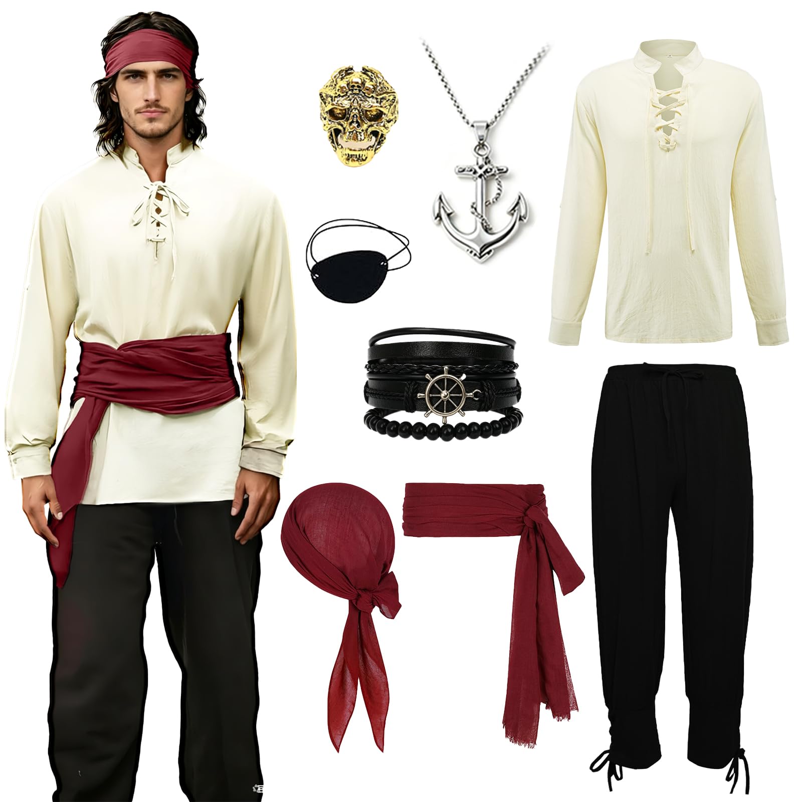 FJKVKDT Men's Pirate Costume Full Set - Medieval Renaissance Viking Outfit with Stand Collar Lace-Up Shirt, Pants & 8-Piece Pirate Accessories for Halloween Cosplay, Theme Party, Carnival (Beige, XL)