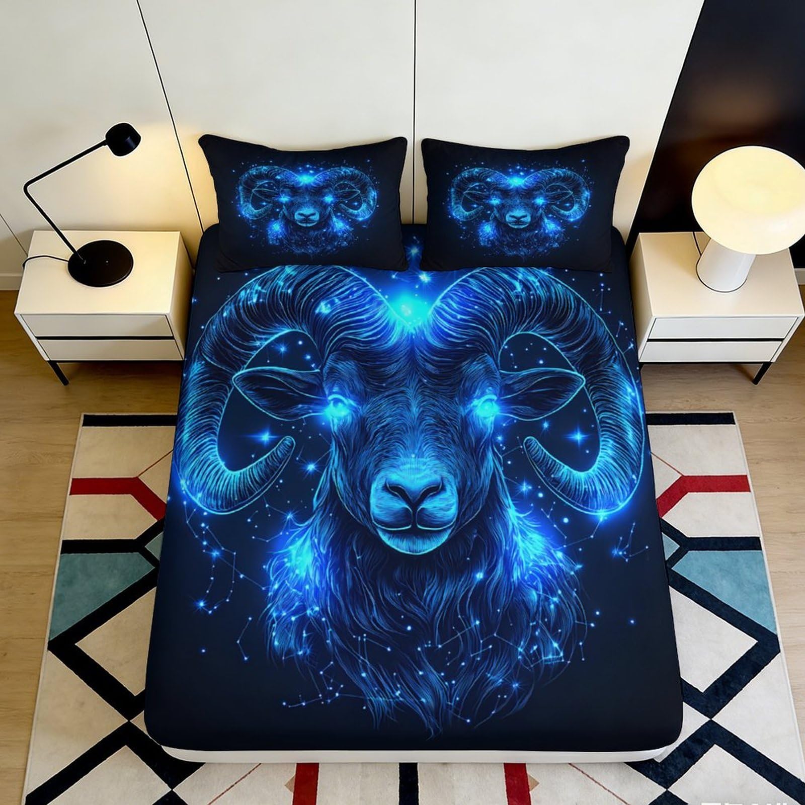 3D Printed Galaxy Ram Fitted Sheet Microfiber Non-Slip Deep Pocket Bedroom Bedding Star Mattress Fitted Cover All Ages 200x200x25cm 90x200x25cm