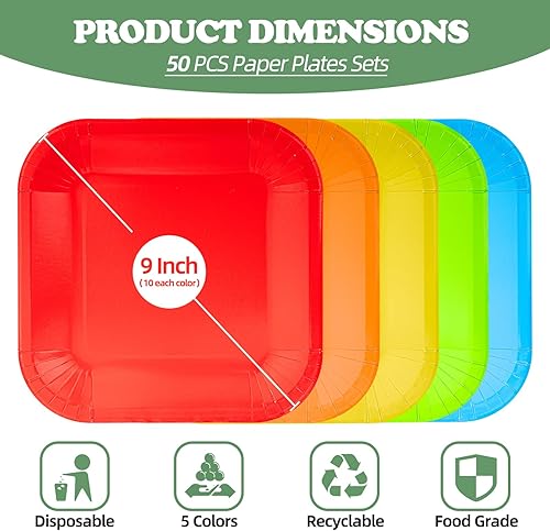Miniatura 2 de 50 platos de papel coloridos, platos desechables de fiesta arcoíris, platos de postre y cena, suministros de fiesta para cumpleaños, picnic, baby