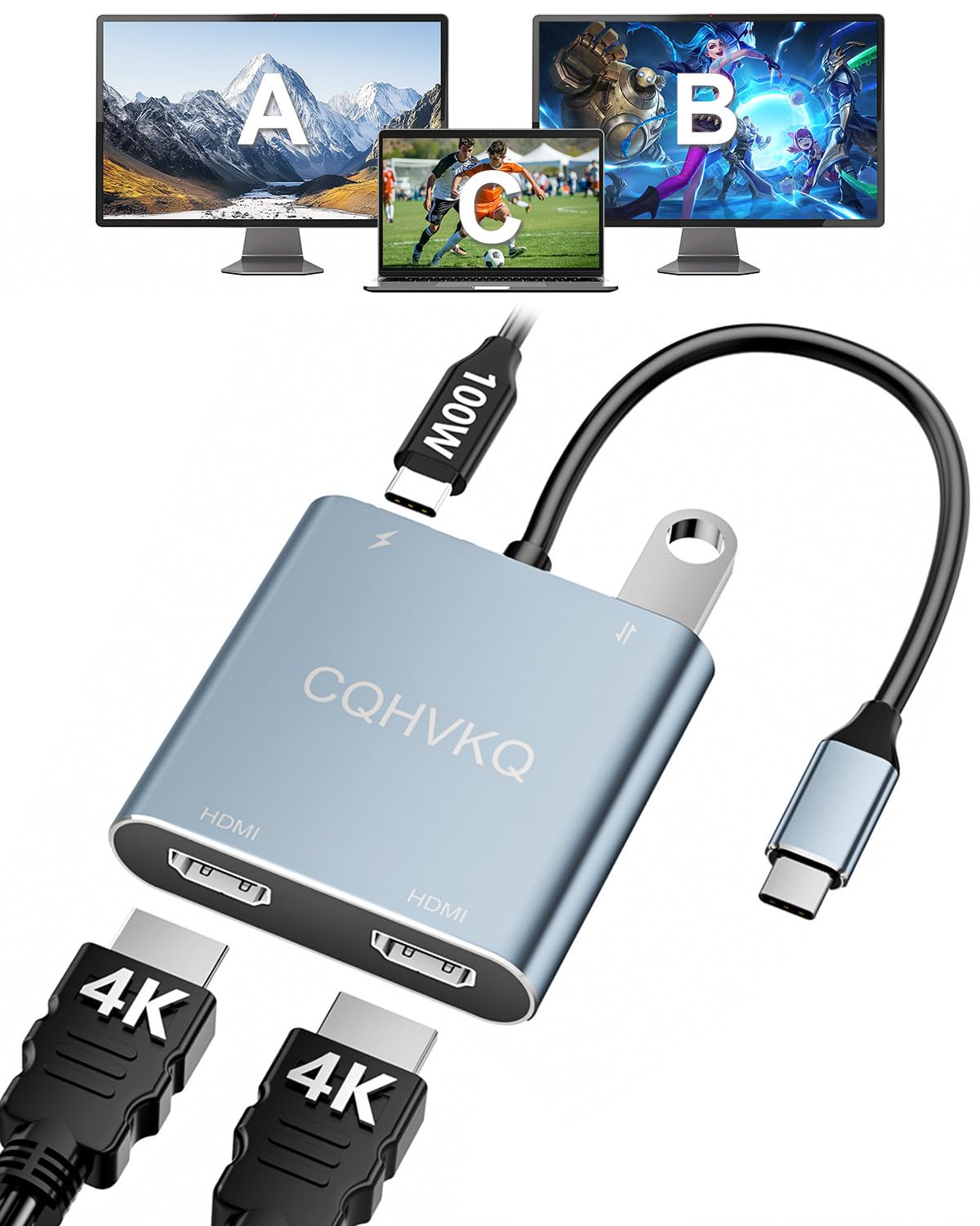 USB C to HDMI Adapter 4K@60Hz, 4 in 1 USB C to Dual HDMI Converter with 100W PD Charging, USB-A, USB C to HDMI Splitter Extended Display for USB C Device