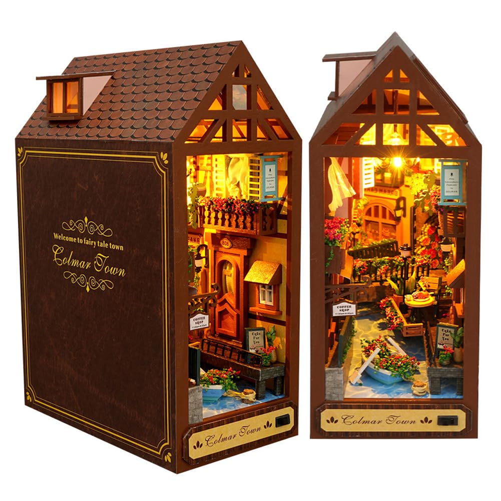 Cjeuxnr French Style Mini Wooden Book Nook kit Romantic Fairy Tale Town Building Model DIY Book Block Bookshelf Model with Furniture for Adult Teenagers (Leisurely Years)