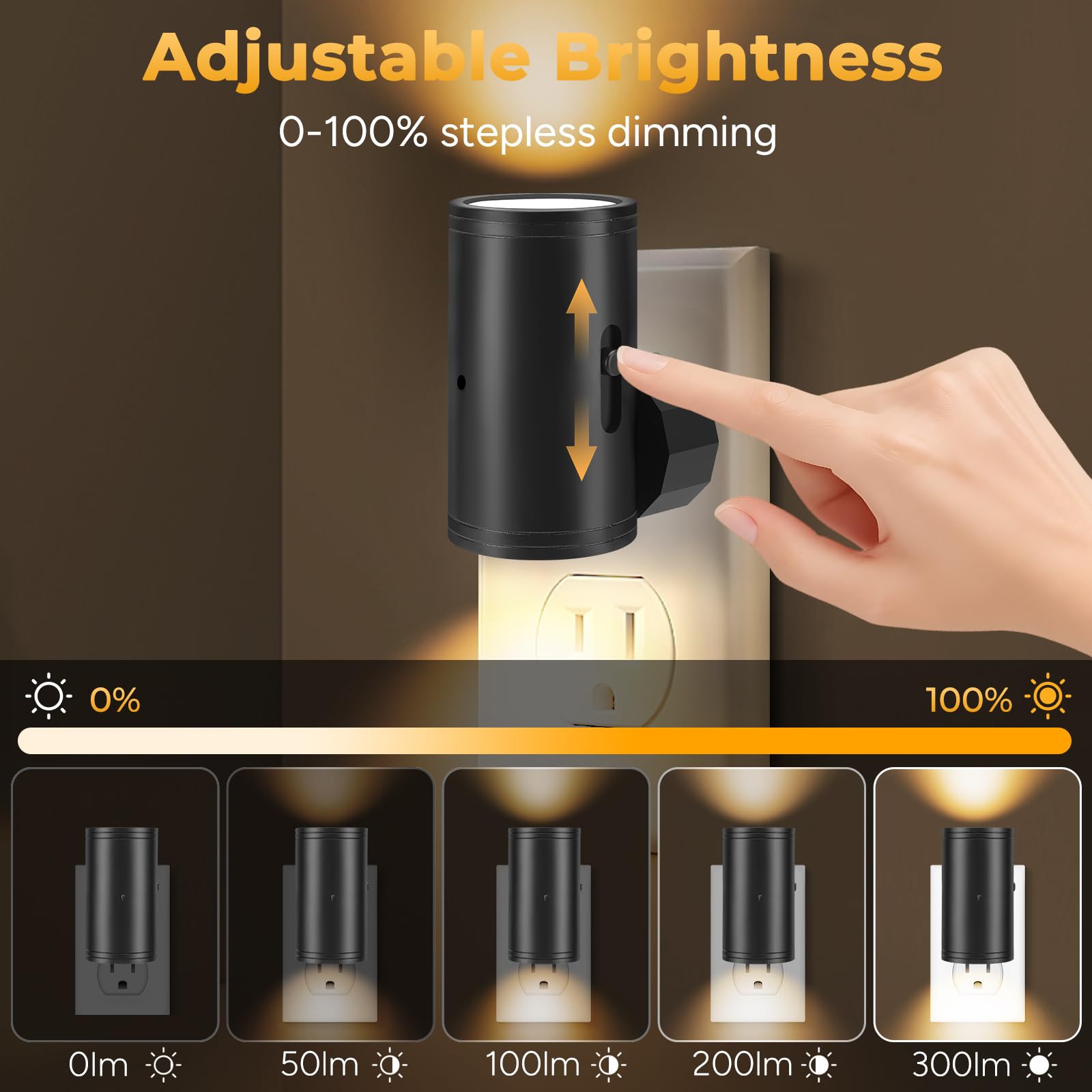 TSEXES - Lampka nocna LED, lampka nocna podłączana do czujnika ściennego od zmierzchu do świtu, 5-300 lm, regulowana jasność, 2700 K, ściemniane lampki nocne do kuchni, przedpokoju,