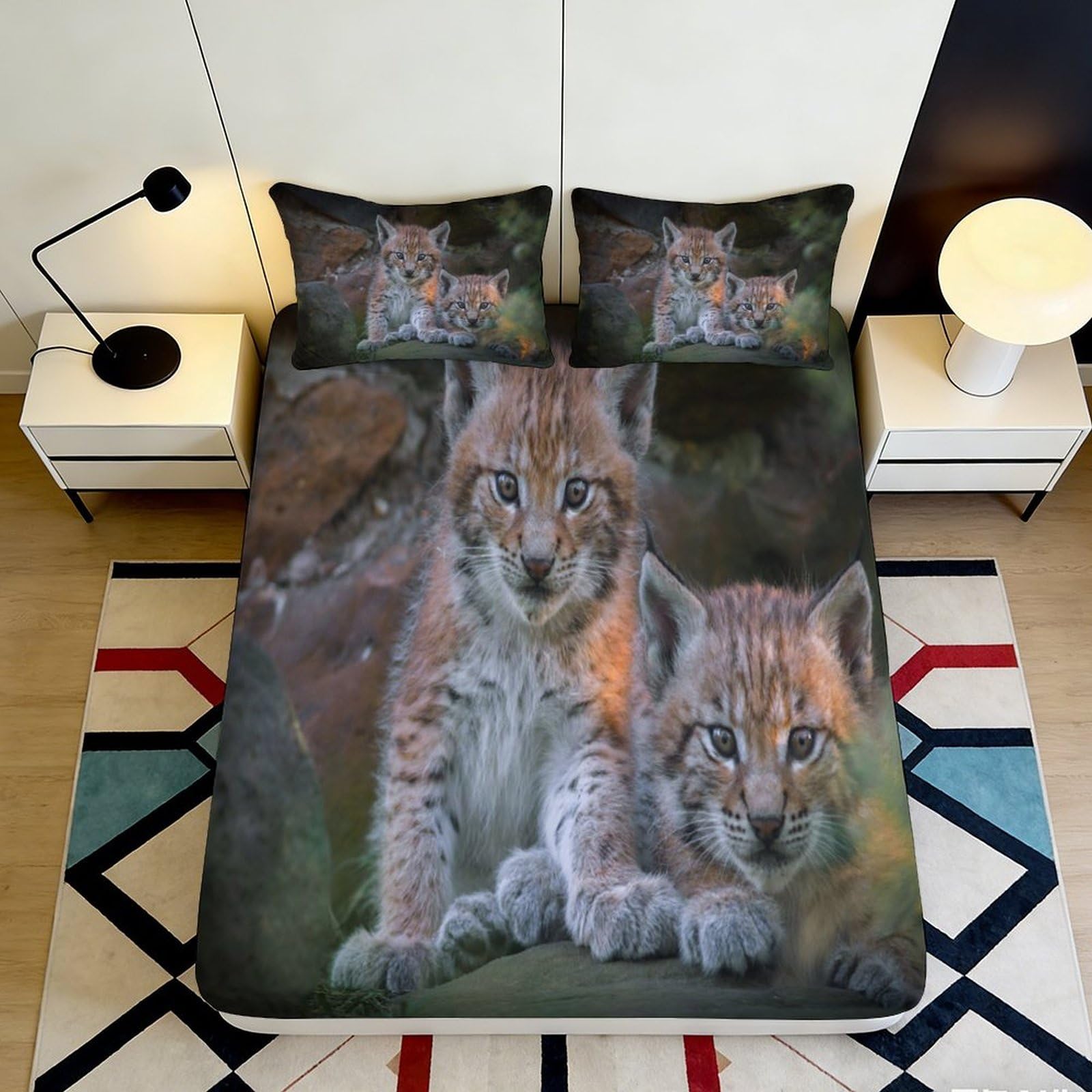 3D Printed Lynx Cubs Fitted Sheet Microfiber Soft Durable Wild Animal Bed Cover for Bedroom Dormitory Guest Room Mattress Protection 180x200x25cm