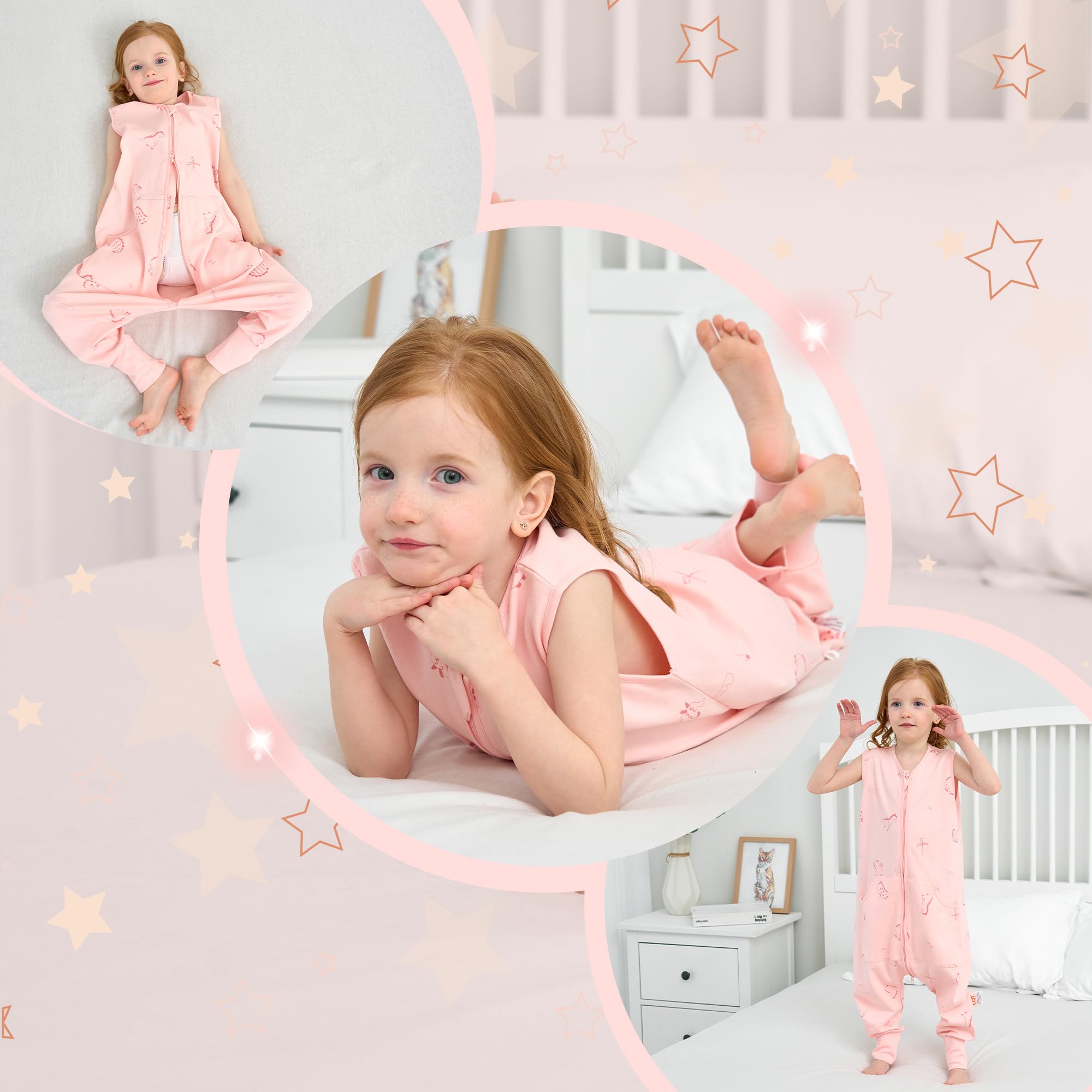 LAT Sacco Nanna con Piedini, 0,5 TOG 100% Cotone Sacco Nanna Estivo per Bambini, Morbido e Traspirante Sacco a Pelo con Tasche per Bambini