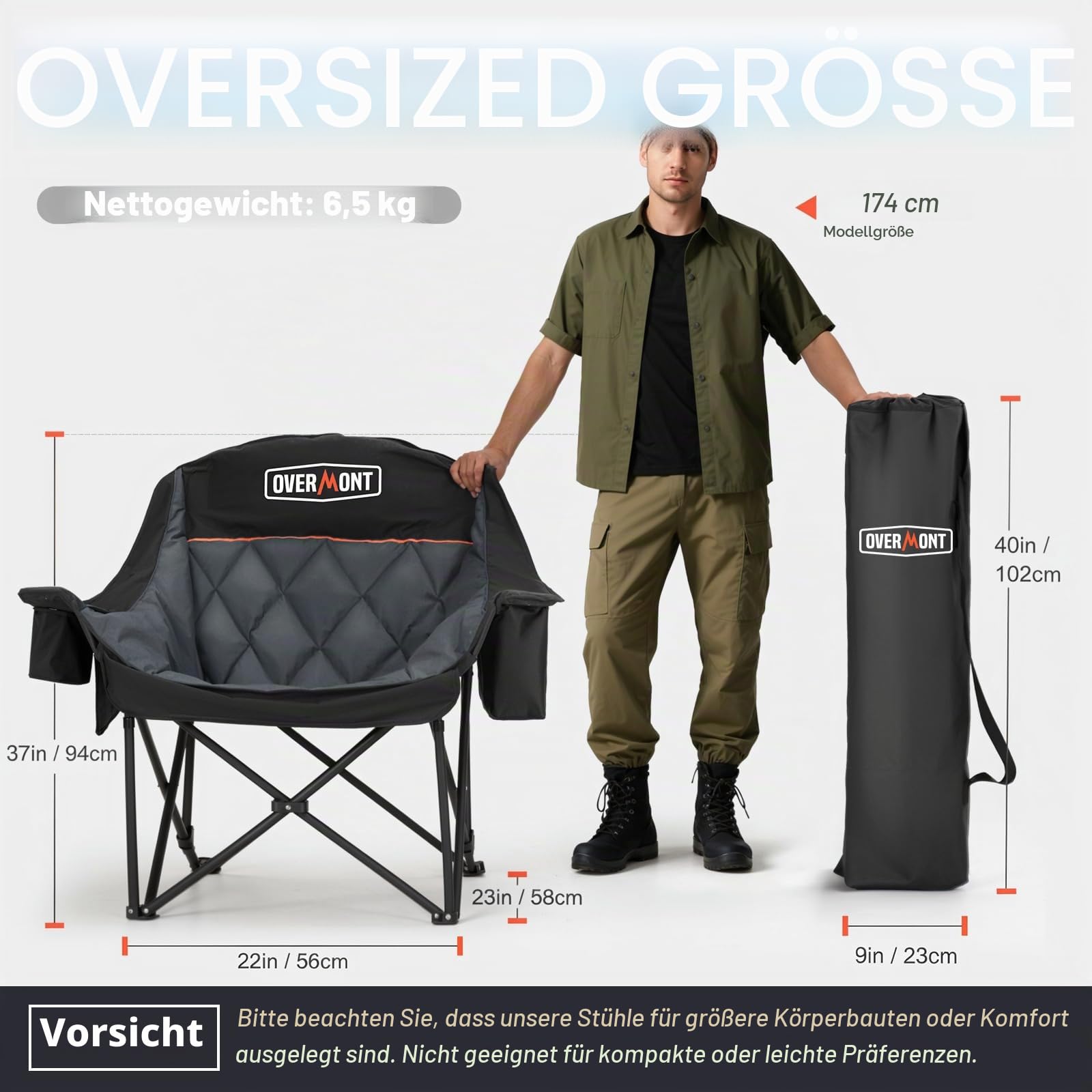 Overmont Übergroßer Klappbar Campingstuhl Campingsofa - bis 204KG Belastbar - Faltbar Campingsessel Gepolstert mit Getränkehalter Kühltasche hoher Rückenlehne für Outdoor Indoor Camping Garten Schwarz