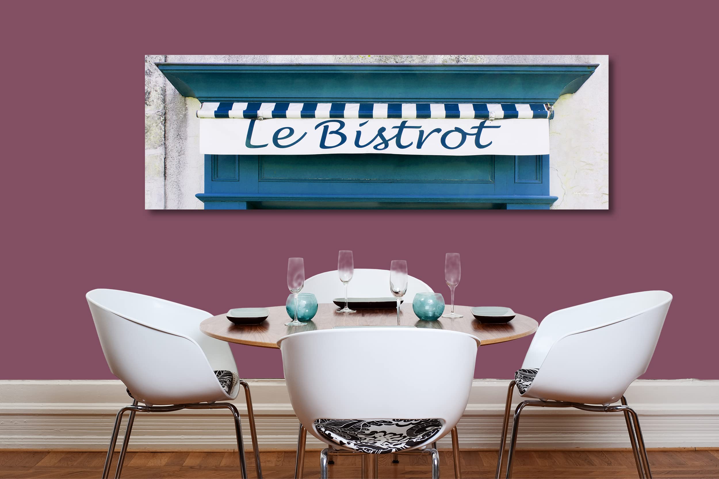 Glücksvilla - Bistrot blau (Leinwand-Bild 5 cm, 60 x 20 cm) | div. Maße - aus DE - Kunstdruck XXL Deko Wandbild quer - Bistro Restaurant Bar Frankreich Paris