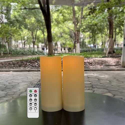 Velas LED impermeables sin llama para exteriores, 2 x 5 pulgadas, luces LED de plástico a pilas con control remoto y temporizador para fiesta de