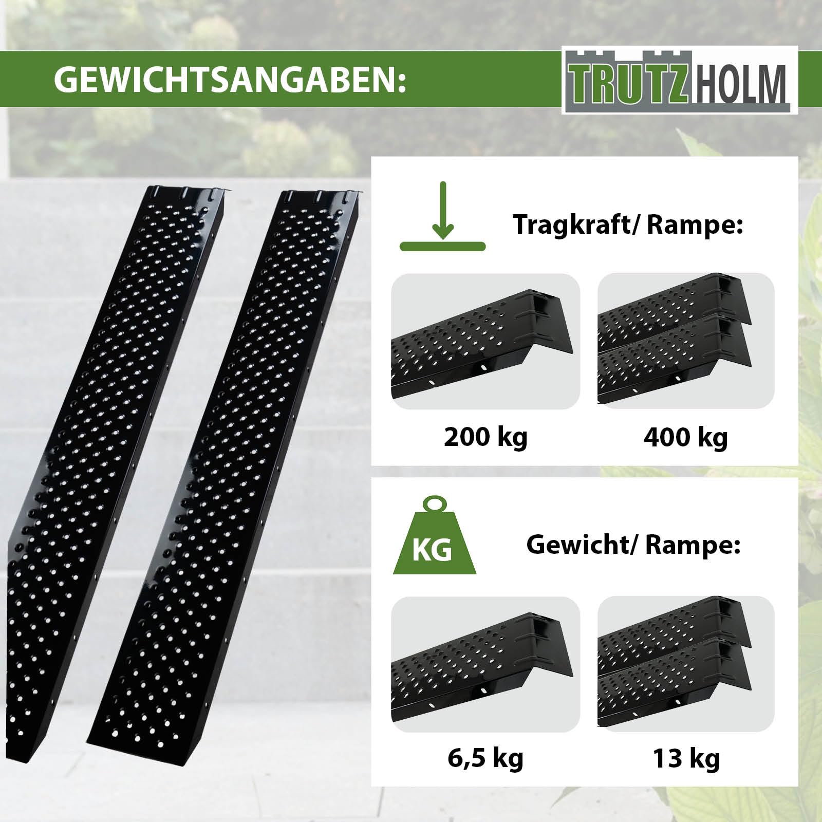 TRUTZHOLM Auffahrrampen 2er Set Stahl Länge 180 cm Traglast 400 kg/Paar | gebördelte Oberfläche, Verladerampe für Quads, Motorräder, kleine Baumaschinen