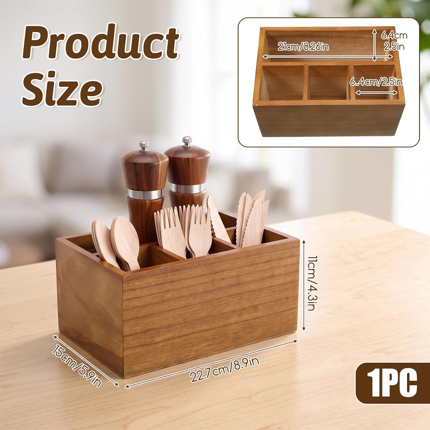 Acacia Wood Silverware Caddy, 4-Compartment Utensil Holder for Party
