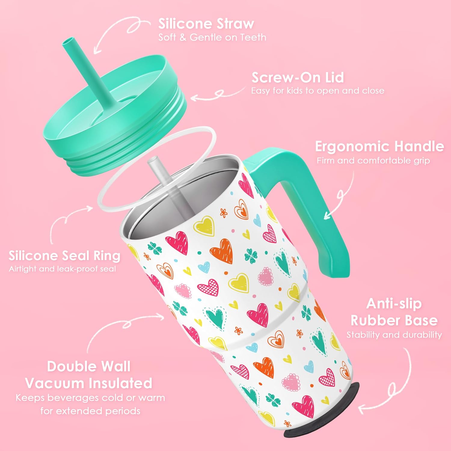 Heart Design Kid 20oz Tumbler with Handle and Silicone Straw Lid, Insulated Stainless Steel Cup, Gift for Kids Girls, Gifts Idea for Birthday Christmas Back to School - Image 3