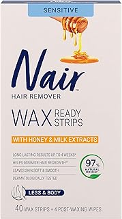 Nair Wax Ready Strips for Legs & Body with Milk and Honey, for Sensitive Skin, 40 Strips + 4 Finishing Wipes, Packaging Ma...
