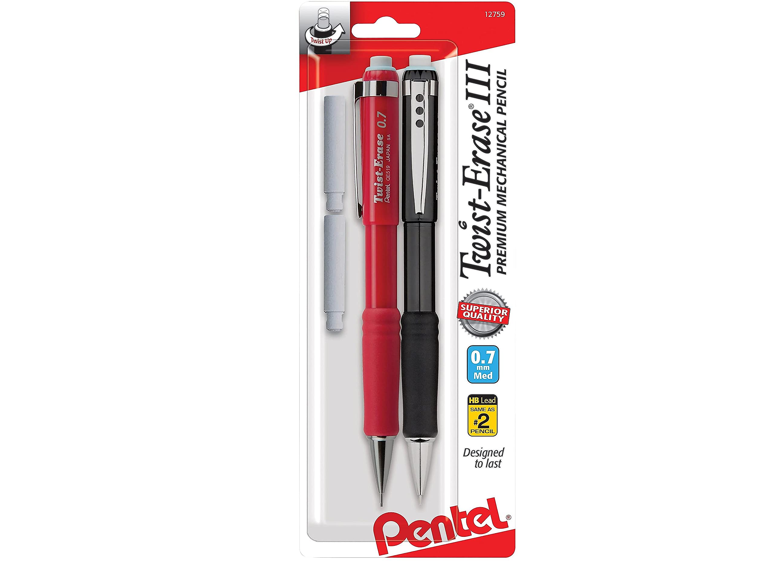 Pentel® Twist-Erase® III Mekanik Kalemler, 0,7 mm, Çeşitli Varil Renkleri, 2'li Kalem Paketi