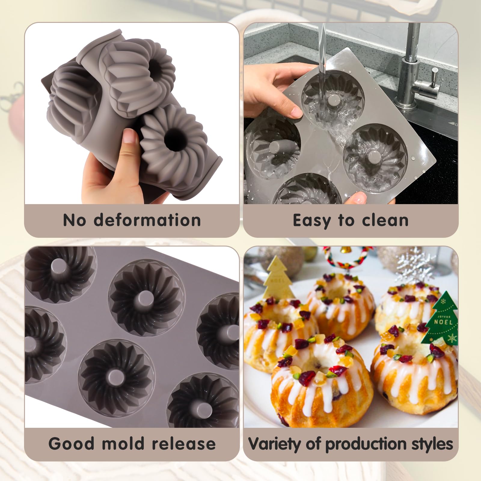 Mini Gugelhupfform Silikon, 3 Stück Silikon Gugelhupf Kuchenform Ø 8 cm, 6er Wiederverwendbare Klein Muffinform Kuchenform für Muffins,Cupcakes,Brownie(grau)