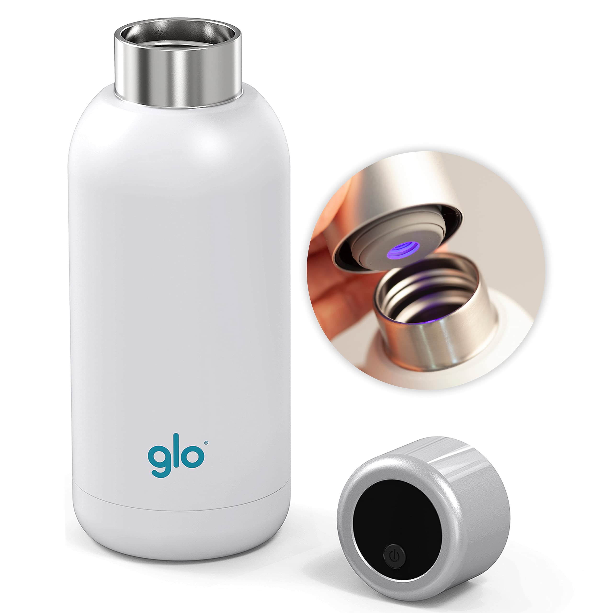 gloStainless Steel Water Purifier Bottle BPA Free - Self-Cleaning with Push of a Button | 12H Hot and 24H Cold Water | 400ML Capacity