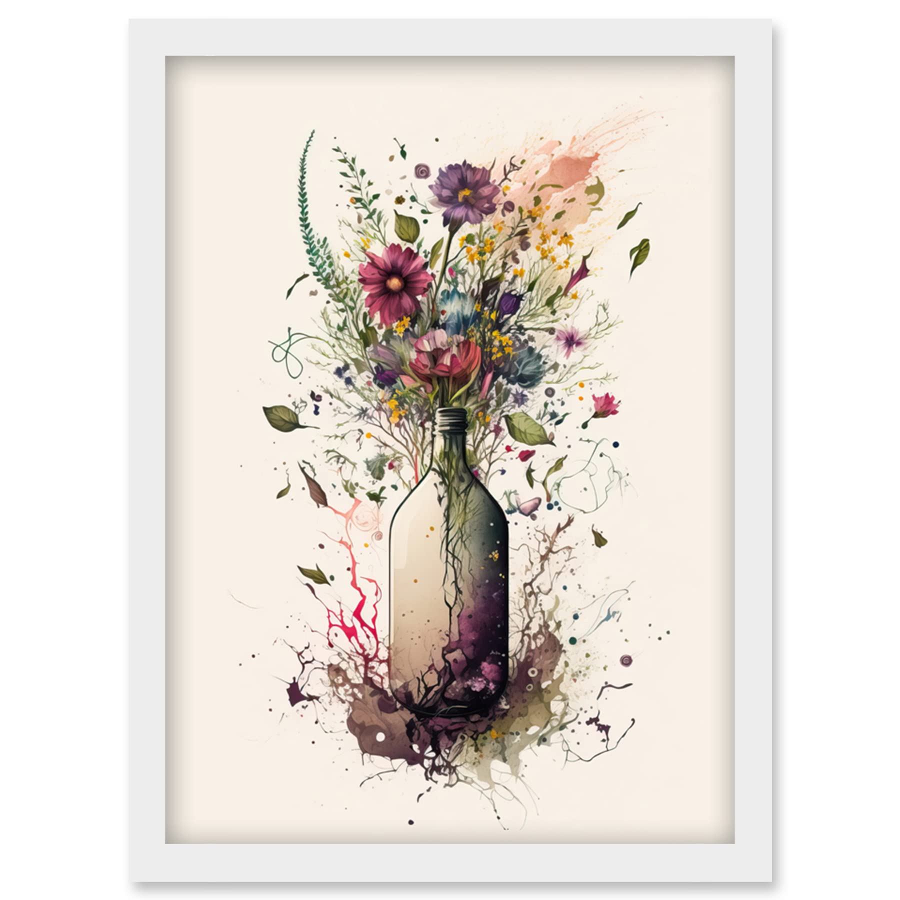 Artery8 Spring Wildflower Floral Bouquet in a Wine Bottle Artwork Framed Wall Art Print A4