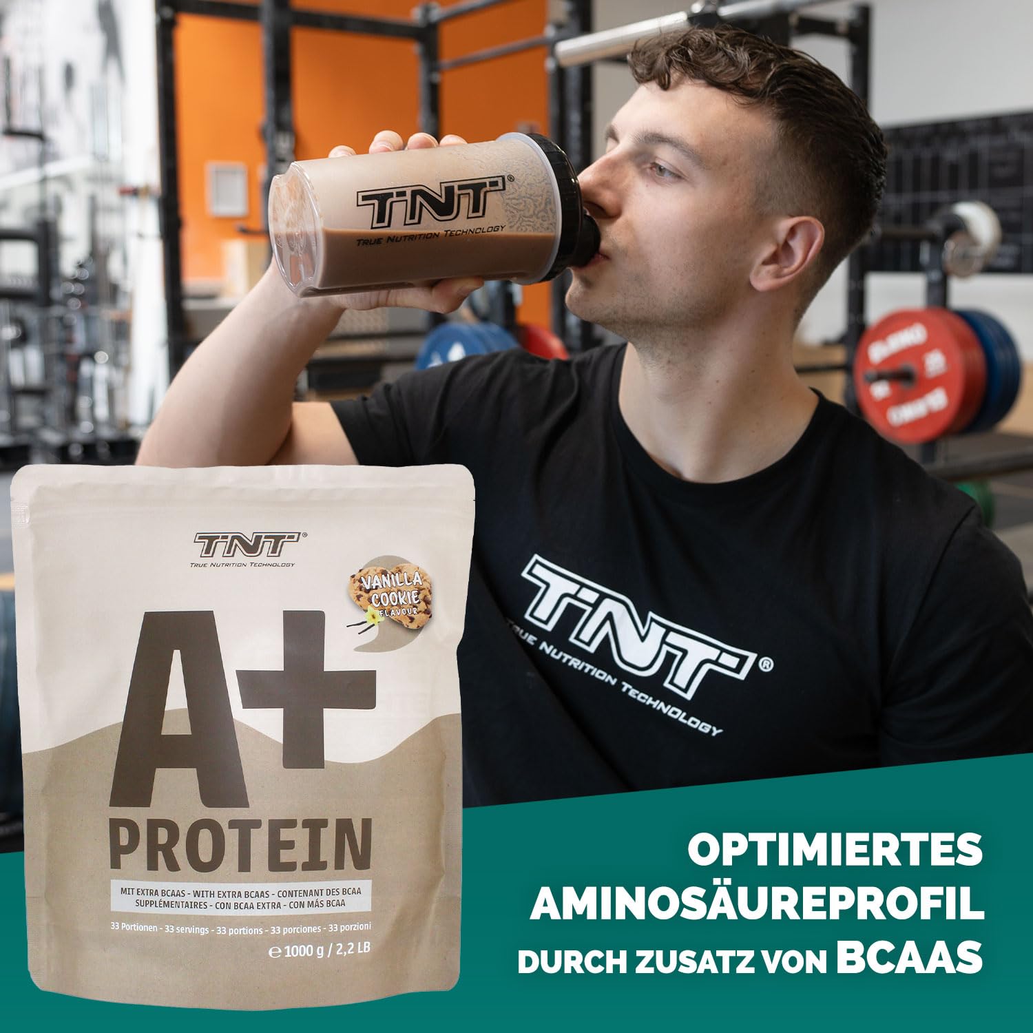 TNT A+ proszek białkowy wegański (1 kg) • wegański shake proteinowy • 33 porcje • 22,8 g białka na porcję • bogaty w BCAA + leucynę • roślinny proszek proteinowy • Made in Germany • Vanilla-Cookie