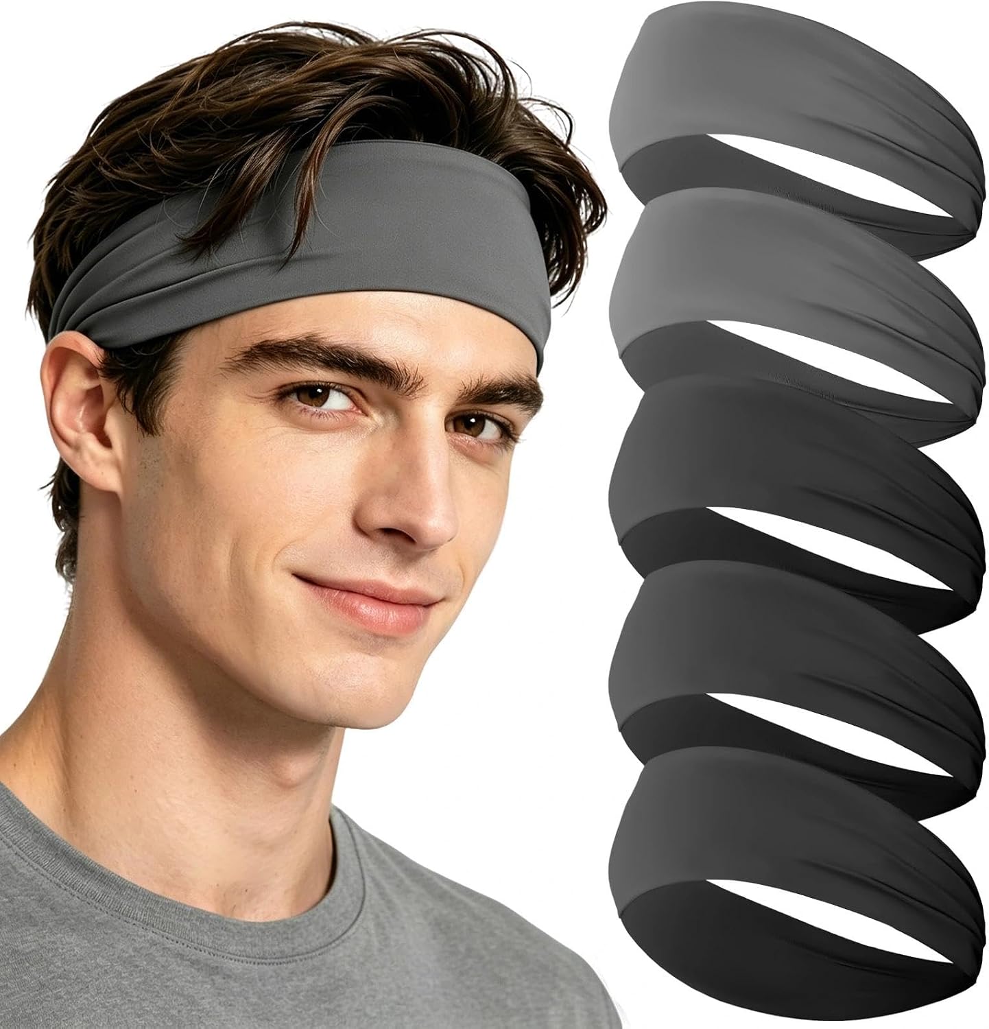 BLMHTWO 5PCS Sport Headbands for Men, Running Headband Mens Sweat Headband for Baseball, Cycling, Fitness Workout Stretchy