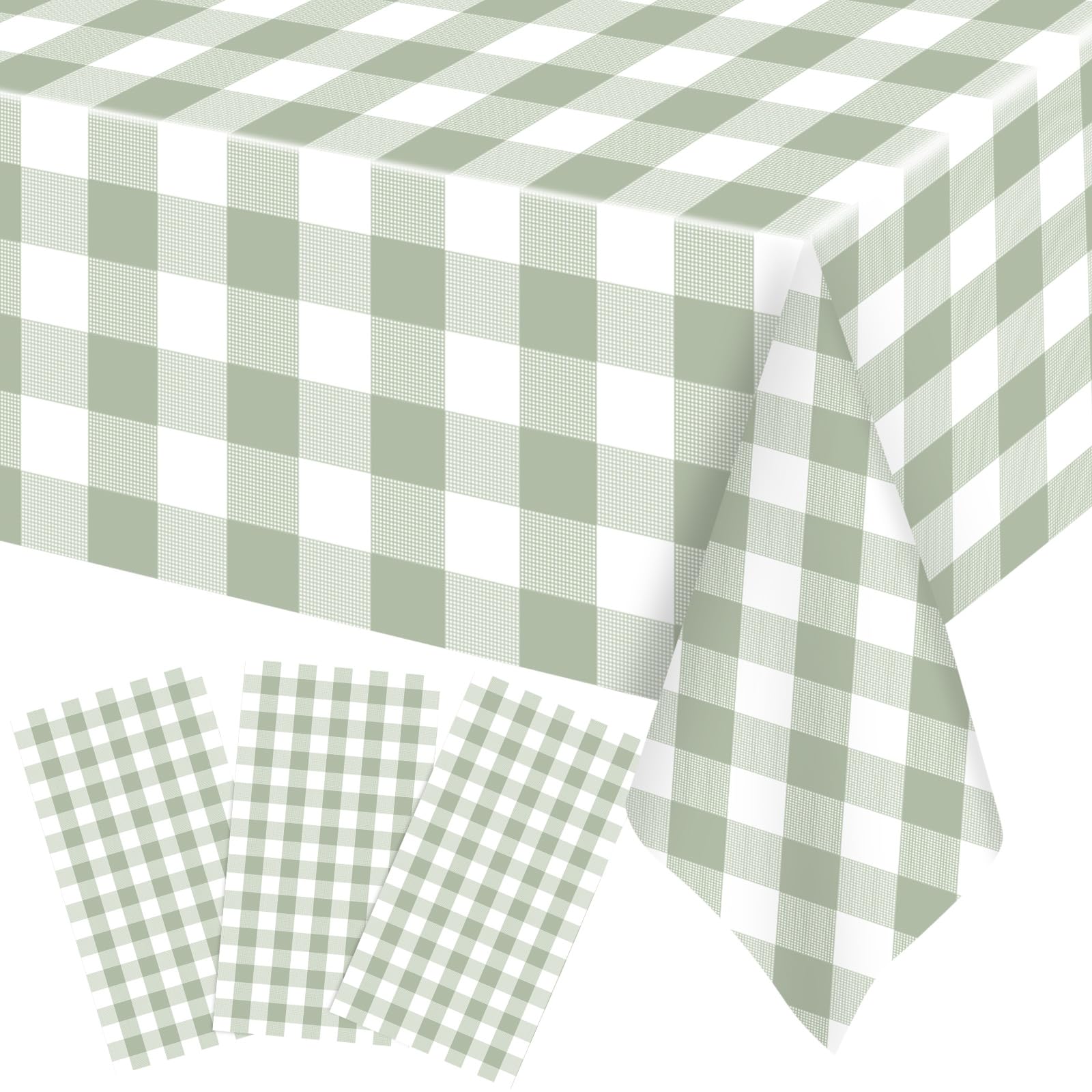 Ganeen 3 Pcs Green and White Checkered Tablecloths Plastic, 54 x 108 Inch