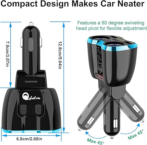Miniatura 5 de Cigarette Lighter Splitter: USB C 12V Car Charger Adapter 2 Socket Type C Multi 12 Volt Power Outlet 24V DC 80W with LED Voltmeter Switch 6.3A Dual