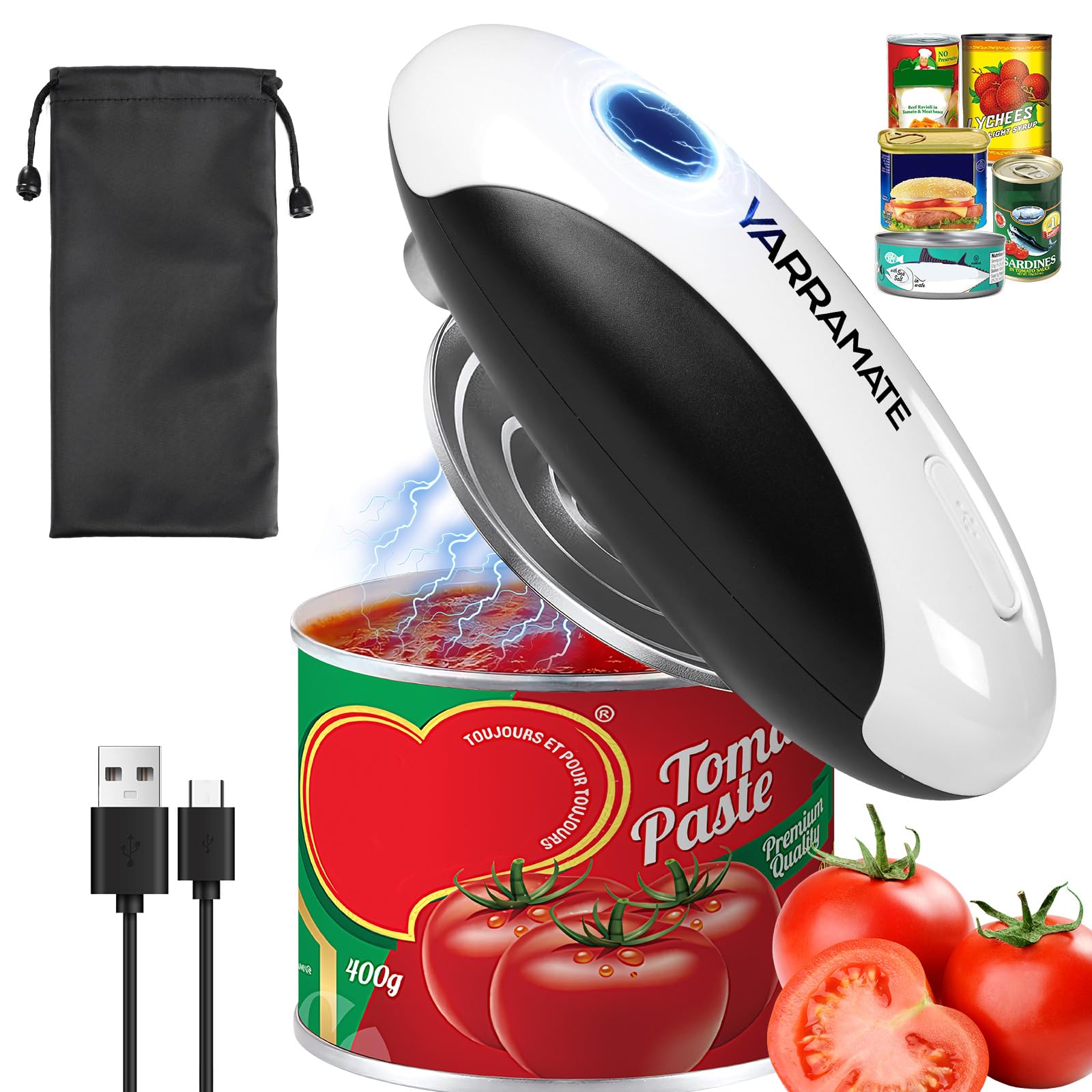 YARRAMATE Electric Can Opener, One Touch Rechargeable Automatic Can Openers for Kitchen Fits All Cans Sizes - Smooth Edge, Hands-Free for Seniors | With Storage Bag, Portable for Travel