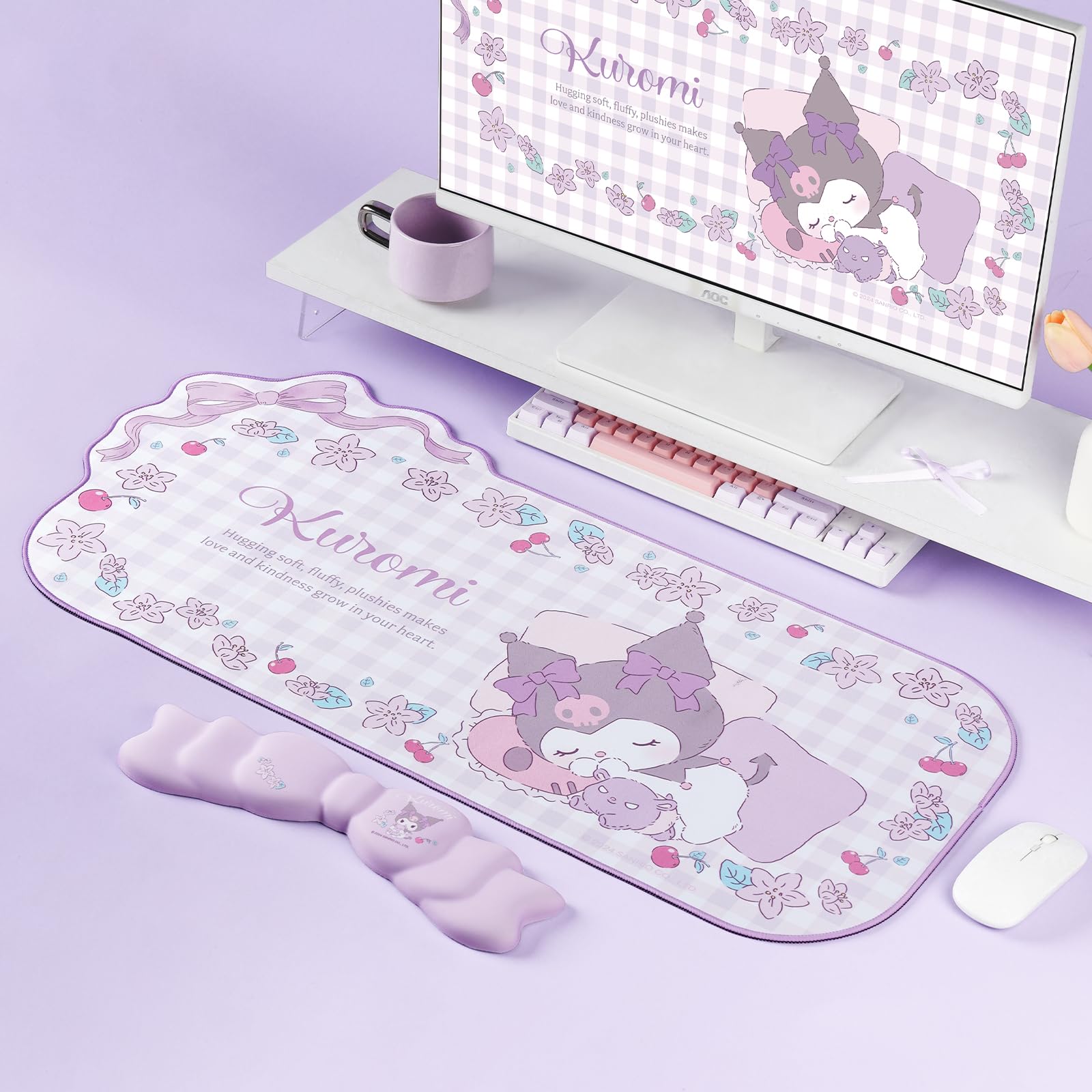 Kuitmor KLM Flower Dream - Set di tappetino per mouse Kawaii con poggiapolsi e poggiapolsi antiscivolo in memory foam con fiocco per tastiera e mouse, perfetto per giocare o lavorare a casa, in