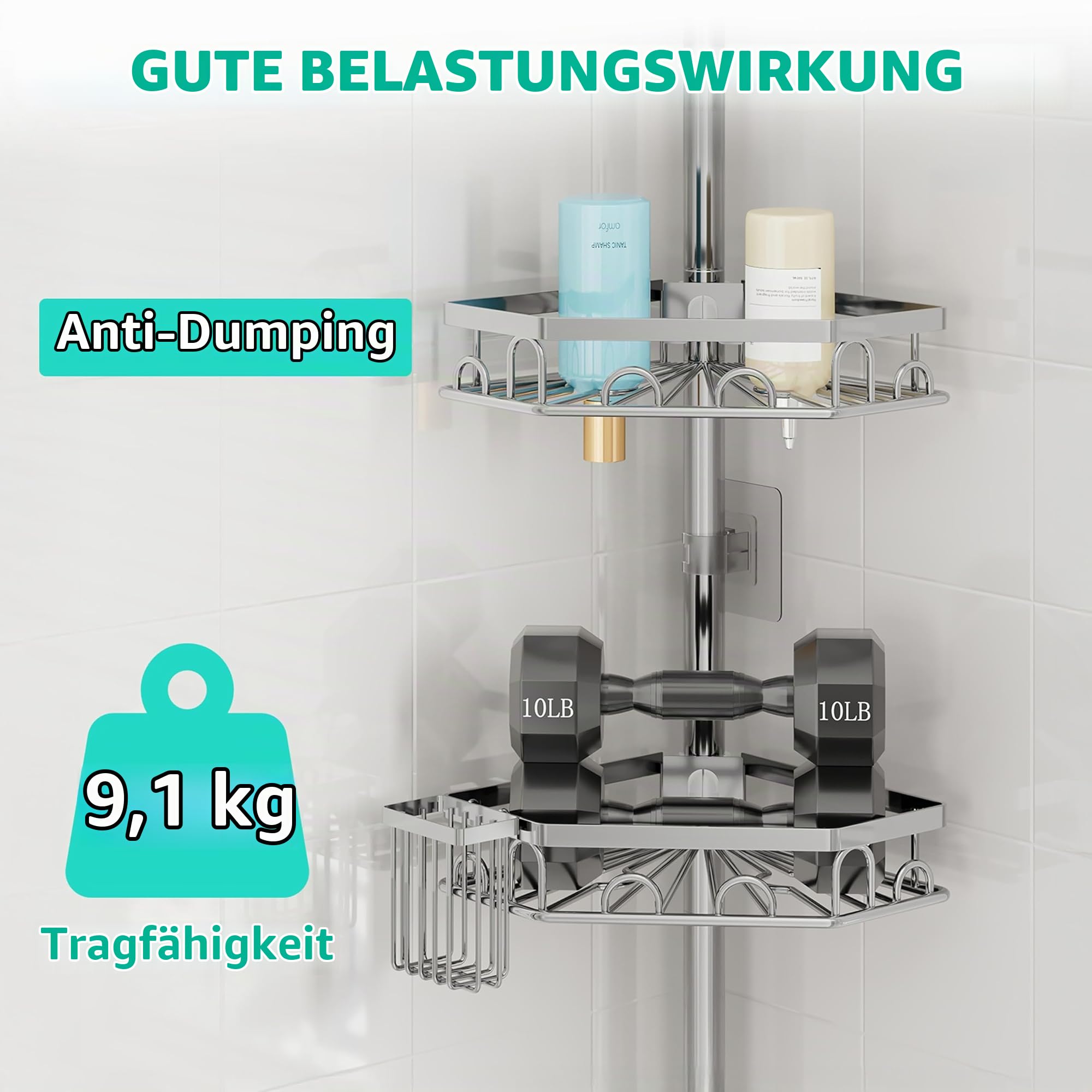 HapiRm Teleskopstange Duscheckregal Teleskop - Teleskopregal, 70-276cm | 4 Tier rostfrei Teleskop Badregal Duschregal mit 16 Haken, Zahnbürstenhalter & Seifenschale, Teleskopstange Badezimmer