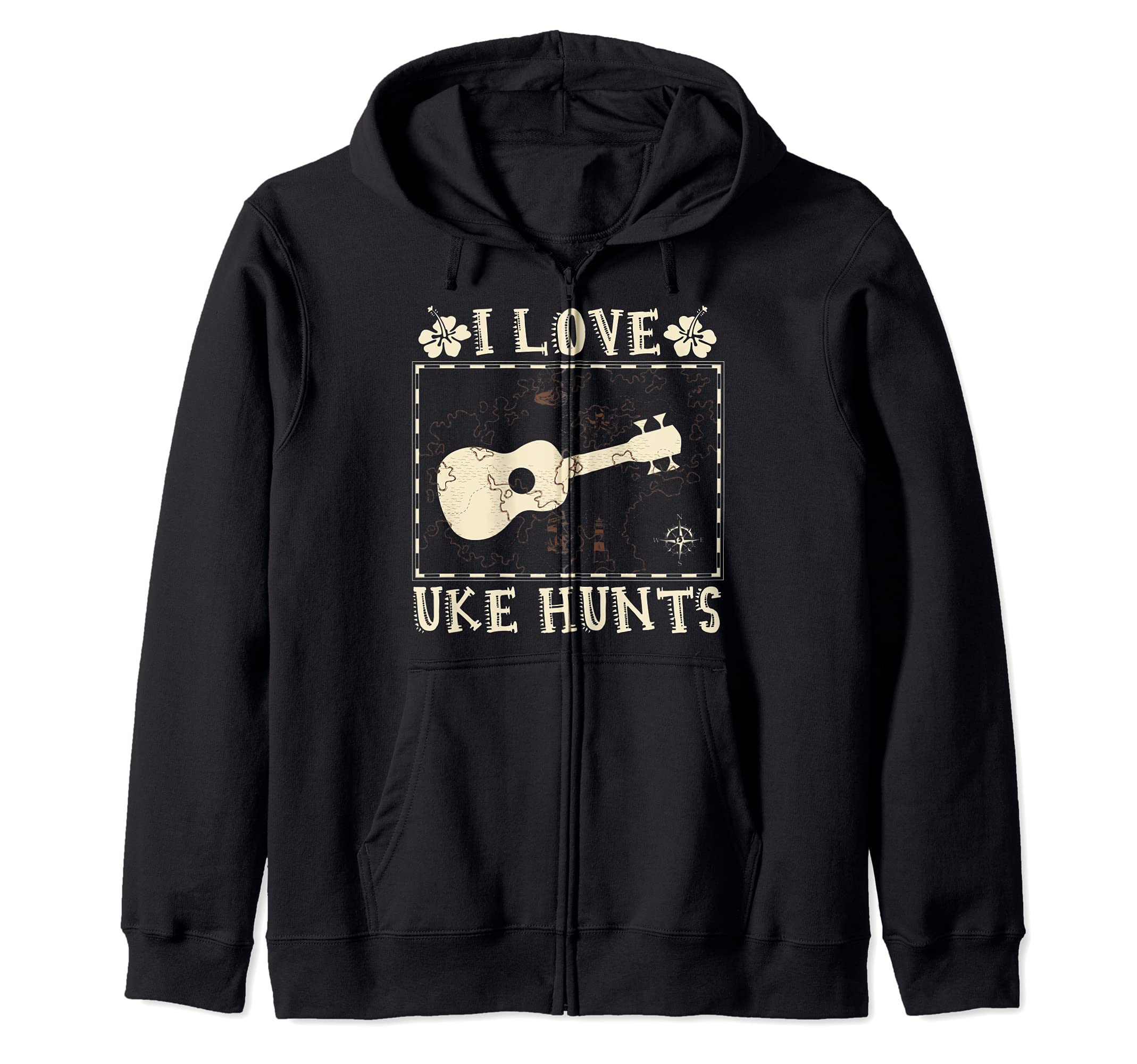 I Love Uke Hunts Hawaiian Musician Hawaii Acoustic Guitar Zip Hoodie, Black