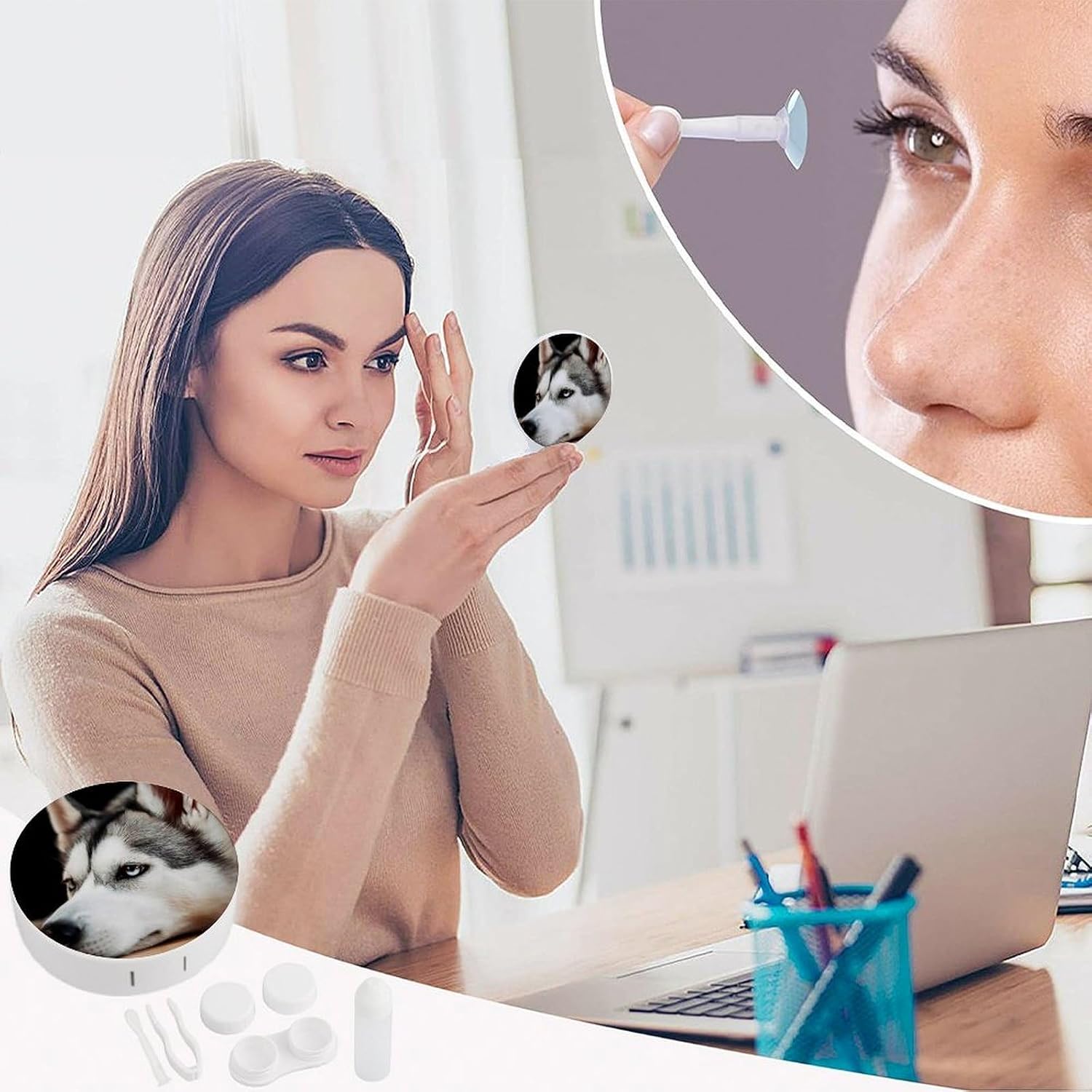 Husky Dog Contact Lens Case,Compact Portable Circle Contacts Lenses Case with Mirror Tweezers Contacts Lenses Container for Travel Daily Life