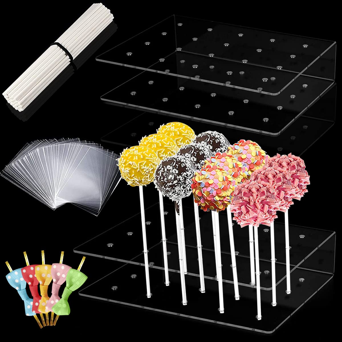 Lollipop Holder Stand 20 Holes Cake Pop Stand, Acrylic Transparent Lollipop Display Stand With 100Pcs Paper Sticks, 100 Pcs Clear Treat Bags and 50 Pieces Twist Ties for Wedding Birthday Anniversary