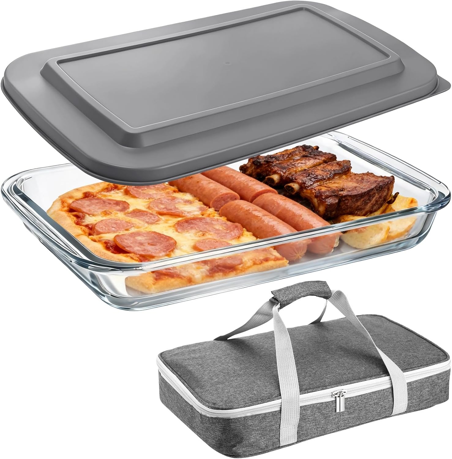Glass Baking Dish with Lid, 9 x 13in High Borosilicate Glass Casserole with Insulated Carry Bag, Heat Resistant Food Container for Oven, Microwave, Freezer