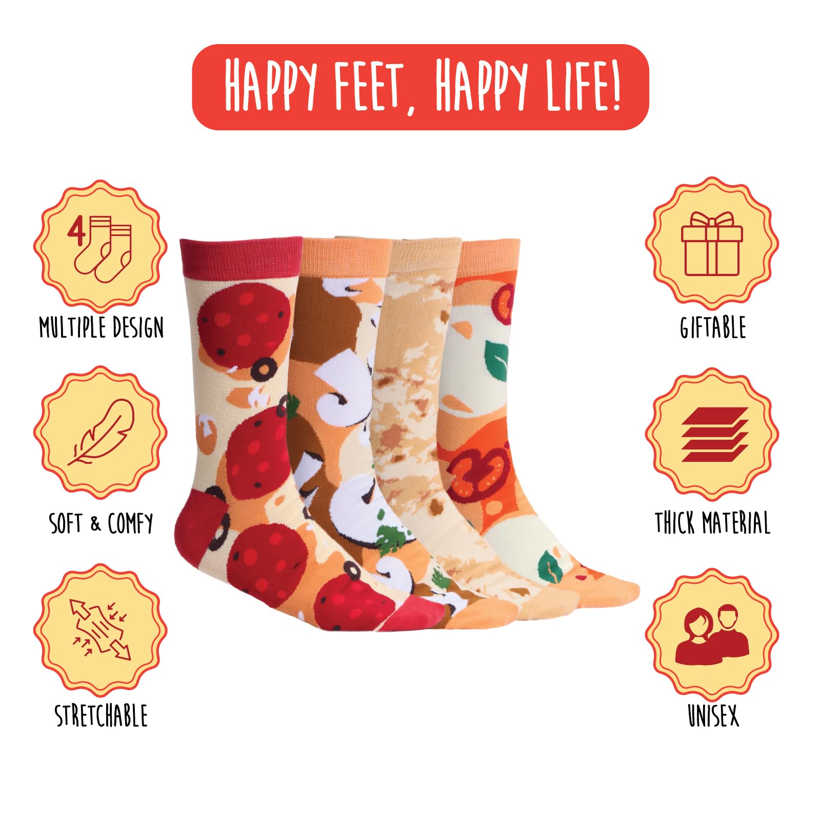 POPCRAZE 4 and 1 Pairs Pizza Socks in a Box with 2 or 4 Designs - One Size Fits Most.Novelty Socks. Mothers Day Gift Idea