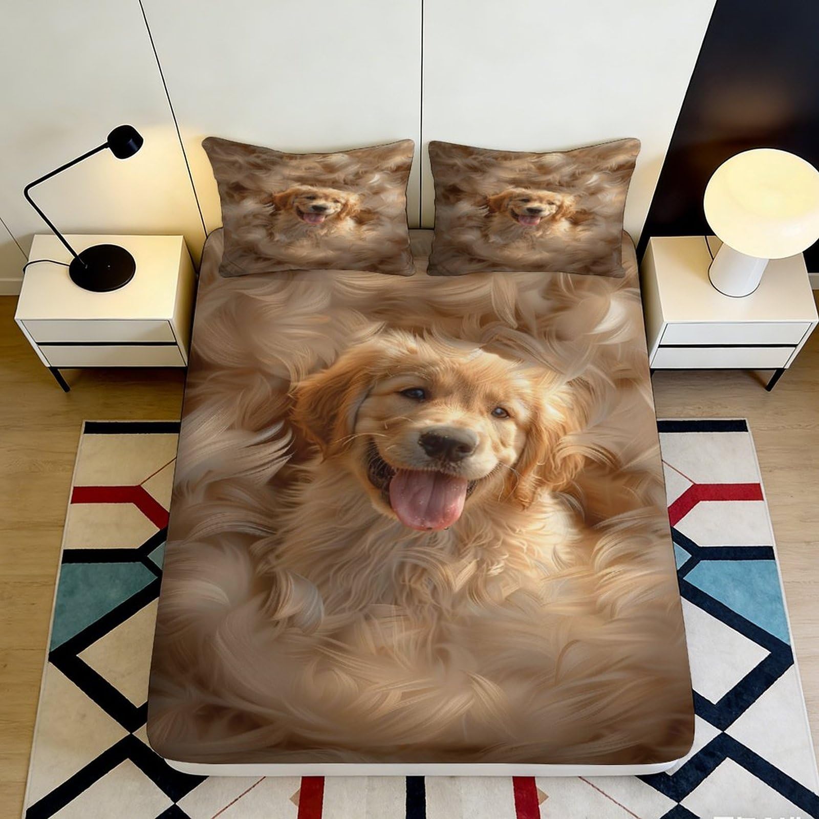 3D Printed Golden Retriever Fitted Sheet Microfiber Soft Breathable Puppy Bed Sheet Mattress Cover for Bedroom Dormitory Guest Room Decor Protection 120x200x25cm