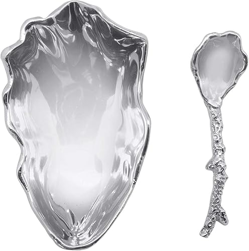 Mariposa Plato de ostras con cuchara de coral, tamaño único, plateado