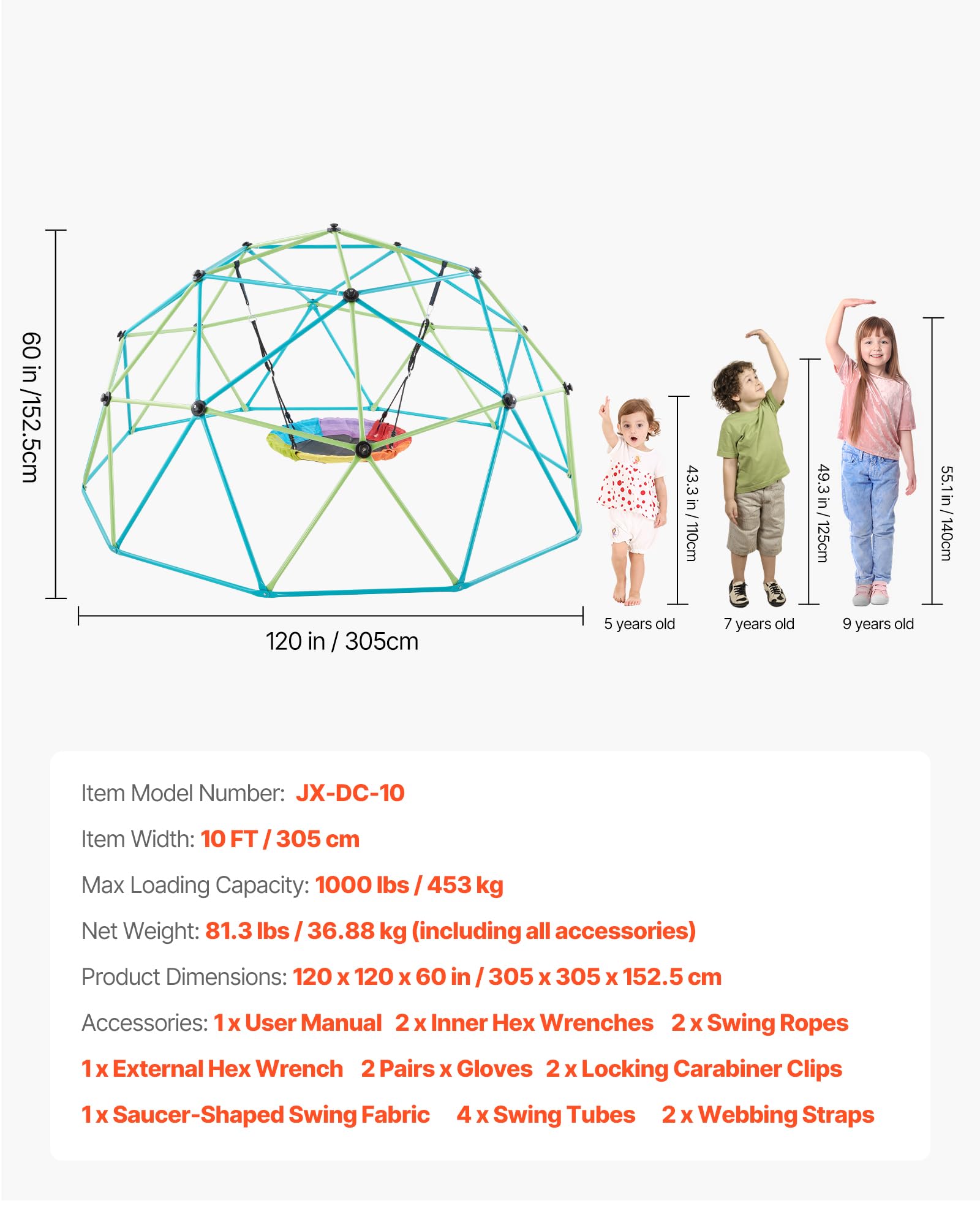 VEVOR Kletterkuppel geometrisches Klettergerüst (305 cm breit) mit Tellerschaukel, 453 kg belastbares Klettergerüst, Klettergerät für Kinder von 3 bis 10 Jahren Gartenspielzeug Spielplatz
