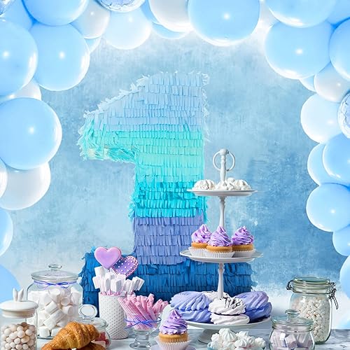 Miniatura 6 de Sratte Número 1 2 3 4 5 6 7 8 9 Piñata con palo para vendar y confeti, piñata azul degradado para niños, niños y niñas, decoración y suministros de
