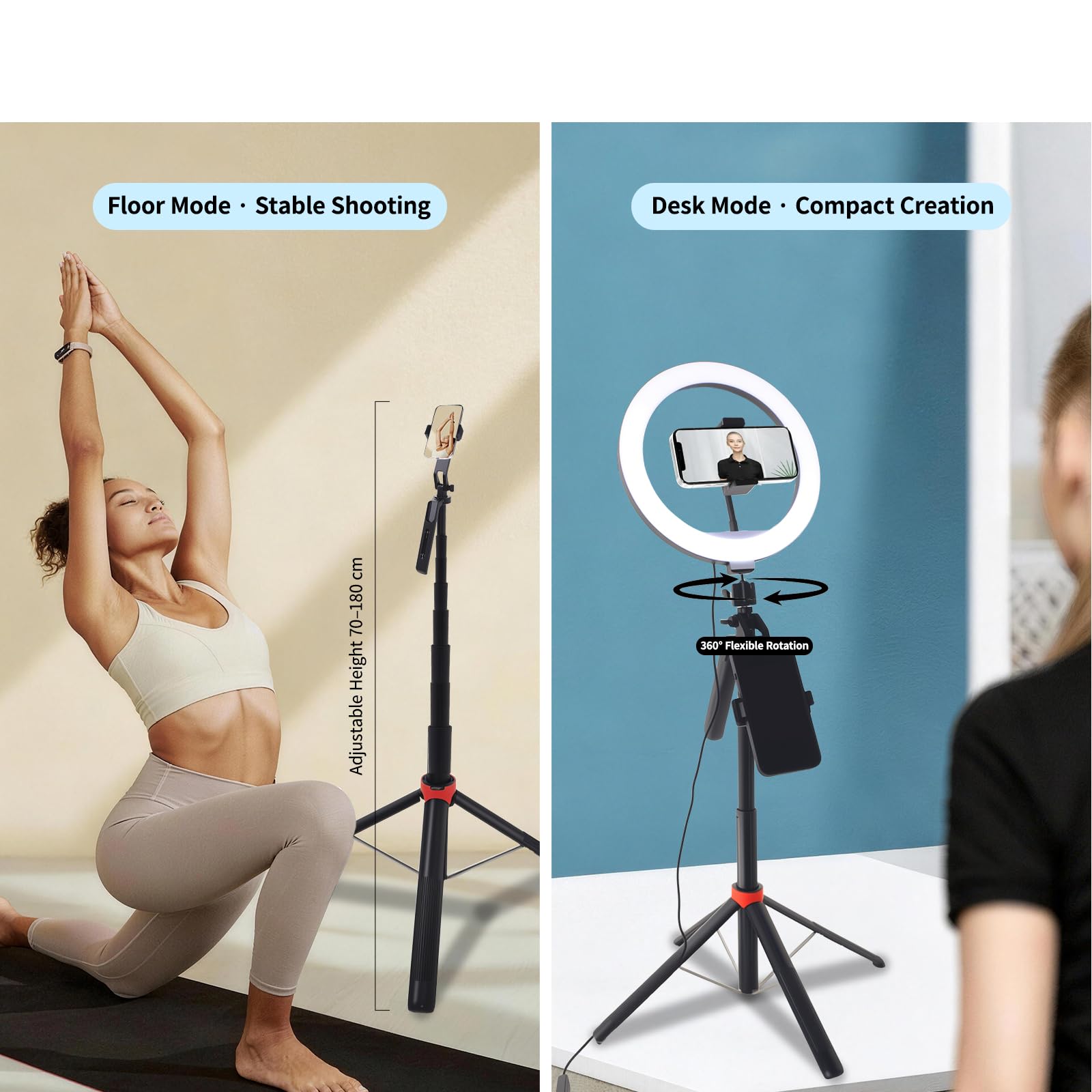 Handy-Stativ mit Ringlicht, 1,8m Aluminium Stativ mit 4-Fuß-Ständer, Bluetooth Fernbedienung, 360° drehbarer Halter, Tragbares Reisestativ für Selfie/Live-Stream/Video (Kompatibel mit Smartphones)