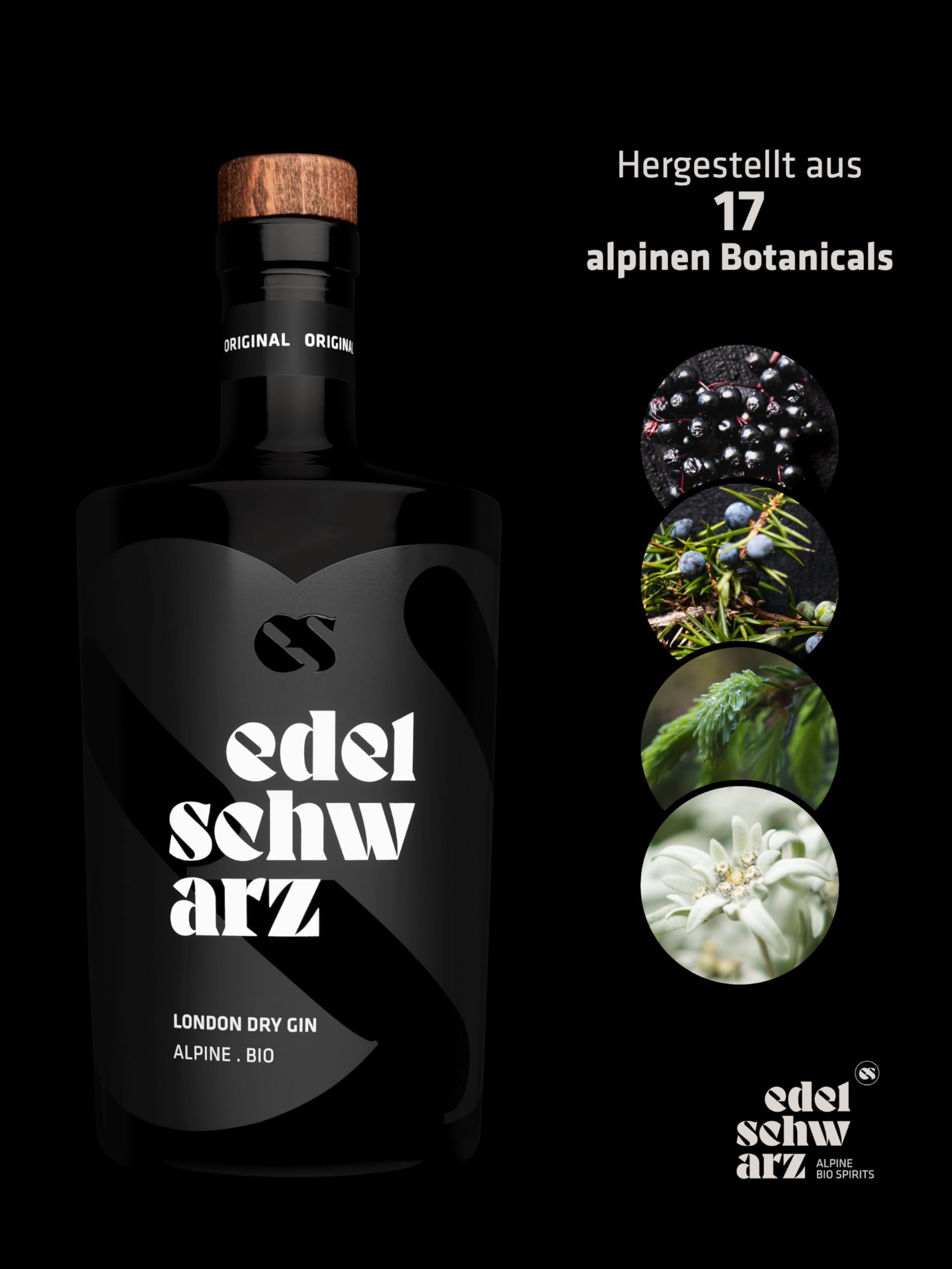 edelschwarz Alpine Bio Gin, 500 ml, 47% vol. - premium handcrafted London Dry Gin - 17 selezionati botanici biologici alpini - Qualità Made in Alto Adige…